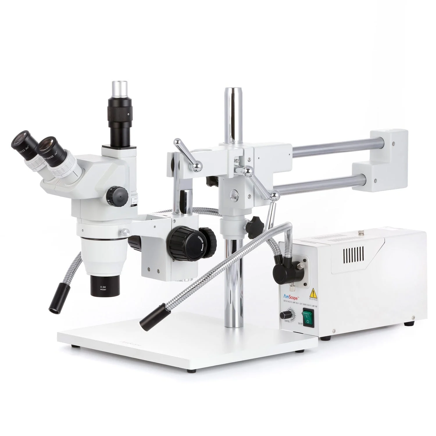 AmScope ZM-4 Series Advanced Zoom Trinocular Stereo Microscope 2X-225X Magnification on Double Arm Boom Stand with Fiber Optic Dual Gooseneck Light