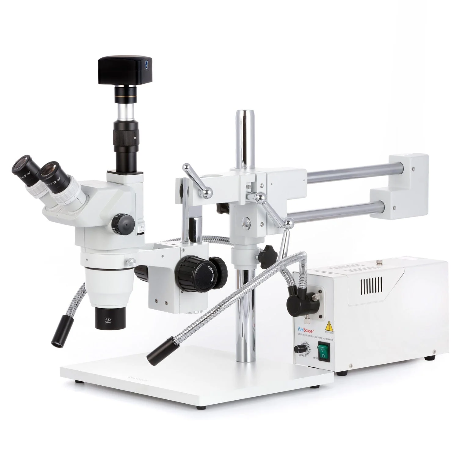AmScope ZM-4 Series Advanced Zoom Trinocular Stereo Microscope 2X-225X Magnification on Double Arm Boom Stand with Fiber Optic Dual Gooseneck Light - Image 2