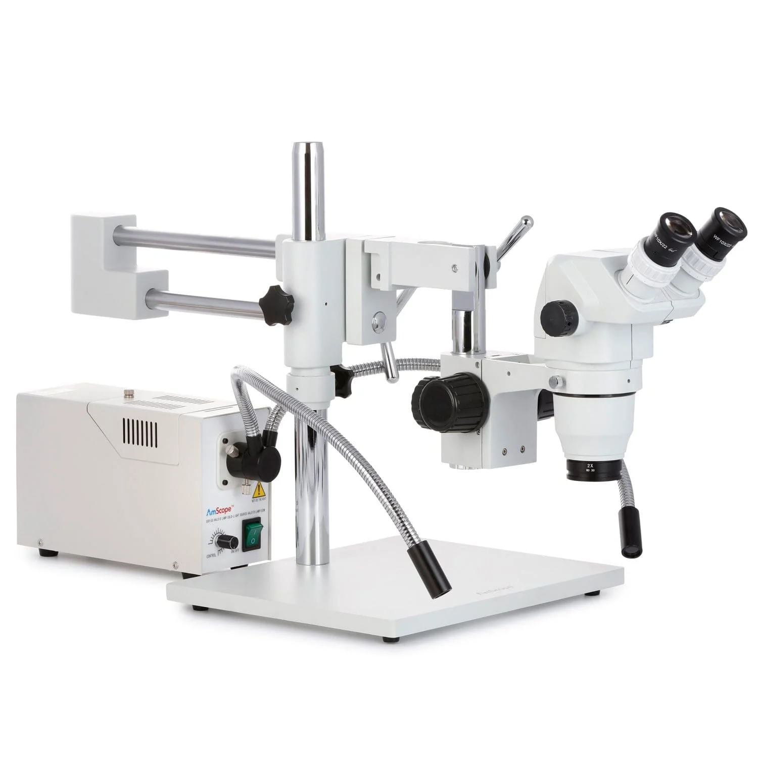 AmScope ZM-4 Series Advanced Zoom Trinocular Stereo Microscope 2X-225X Magnification on Double Arm Boom Stand with Fiber Optic Dual Gooseneck Light - Image 3
