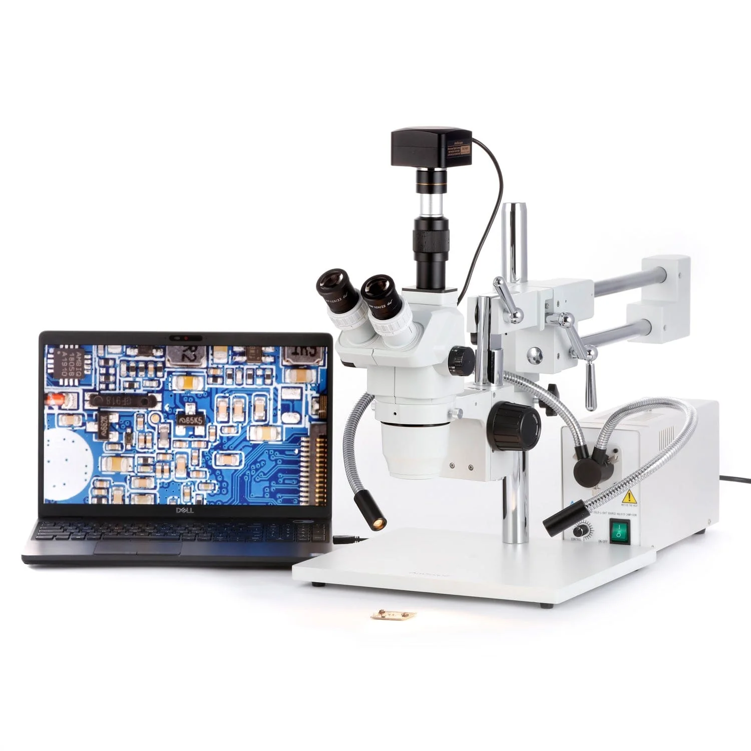 AmScope ZM-4 Series Advanced Zoom Trinocular Stereo Microscope 2X-225X Magnification on Double Arm Boom Stand with Fiber Optic Dual Gooseneck Light - Image 4