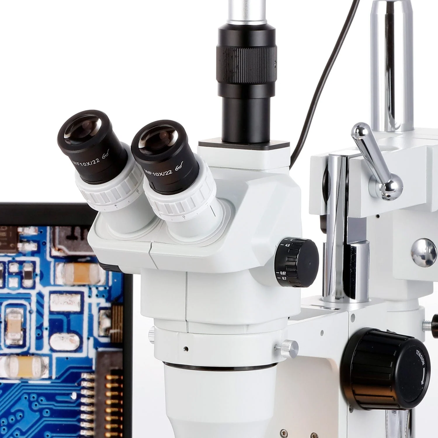 AmScope ZM-4 Series Advanced Zoom Trinocular Stereo Microscope 2X-225X Magnification on Double Arm Boom Stand with Fiber Optic Dual Gooseneck Light - Image 5