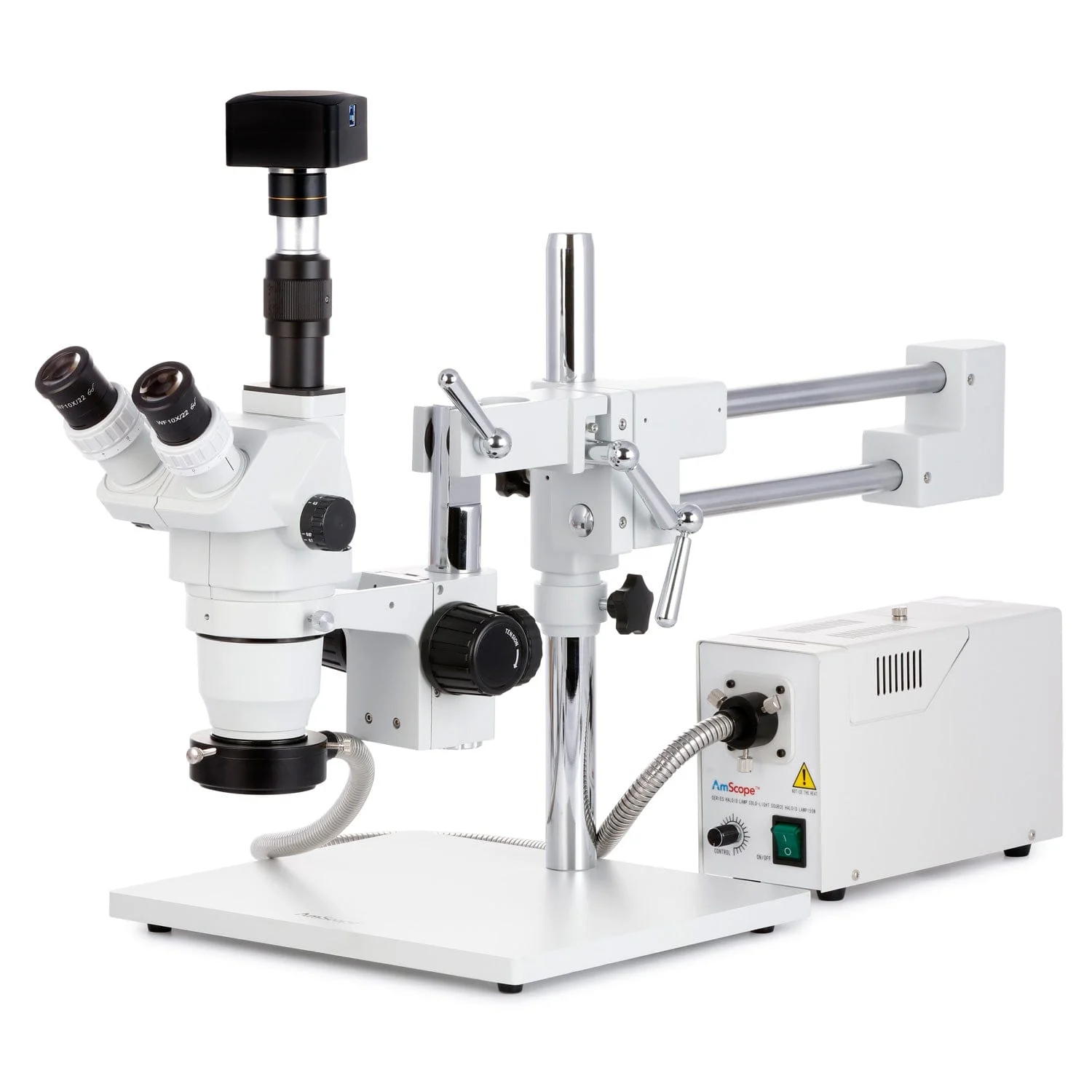 AmScope ZM-4 Series Advanced Trinocular Stereo Microscope 2X-225X Magnification on Double Arm Boom Stand with Fiber Optic Ring Light - Image 2