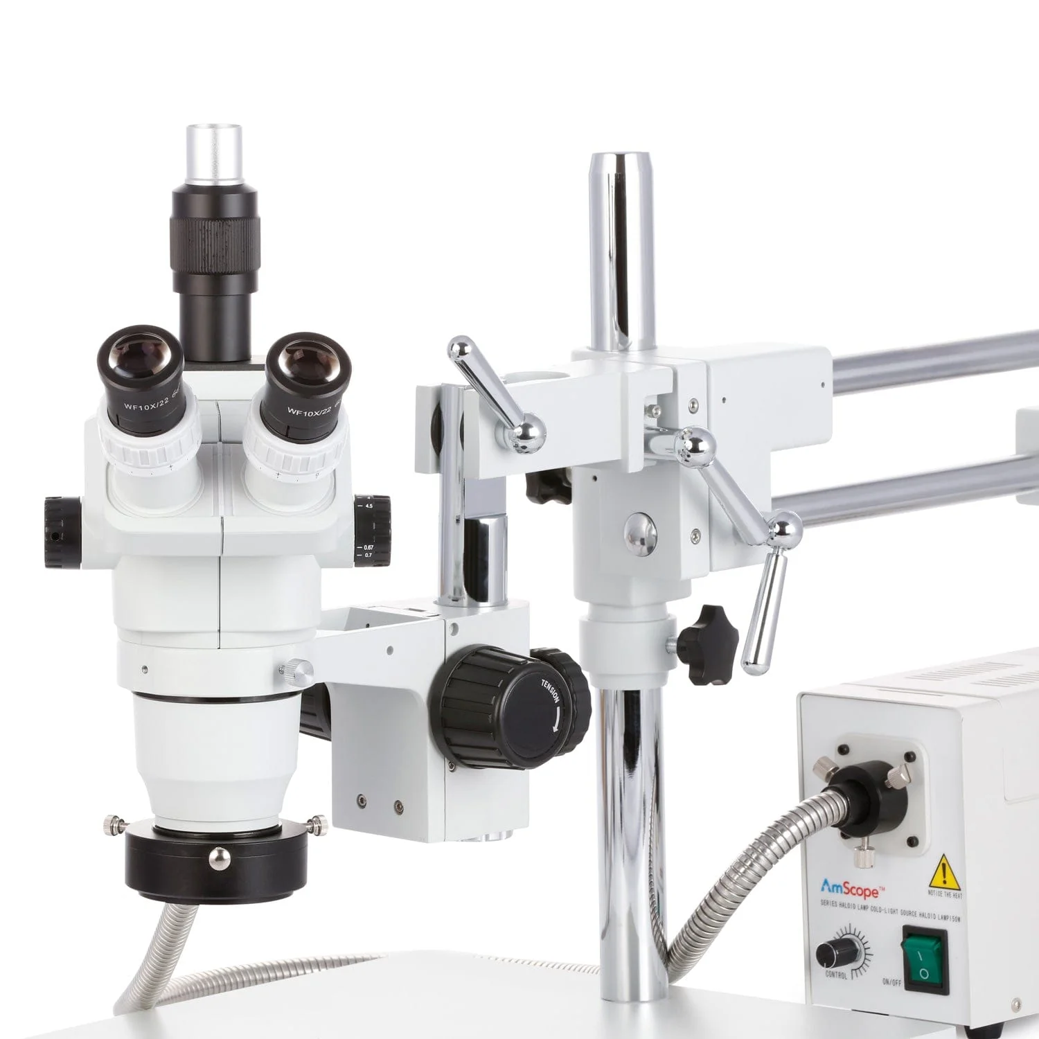 AmScope ZM-4 Series Advanced Trinocular Stereo Microscope 2X-225X Magnification on Double Arm Boom Stand with Fiber Optic Ring Light - Image 3