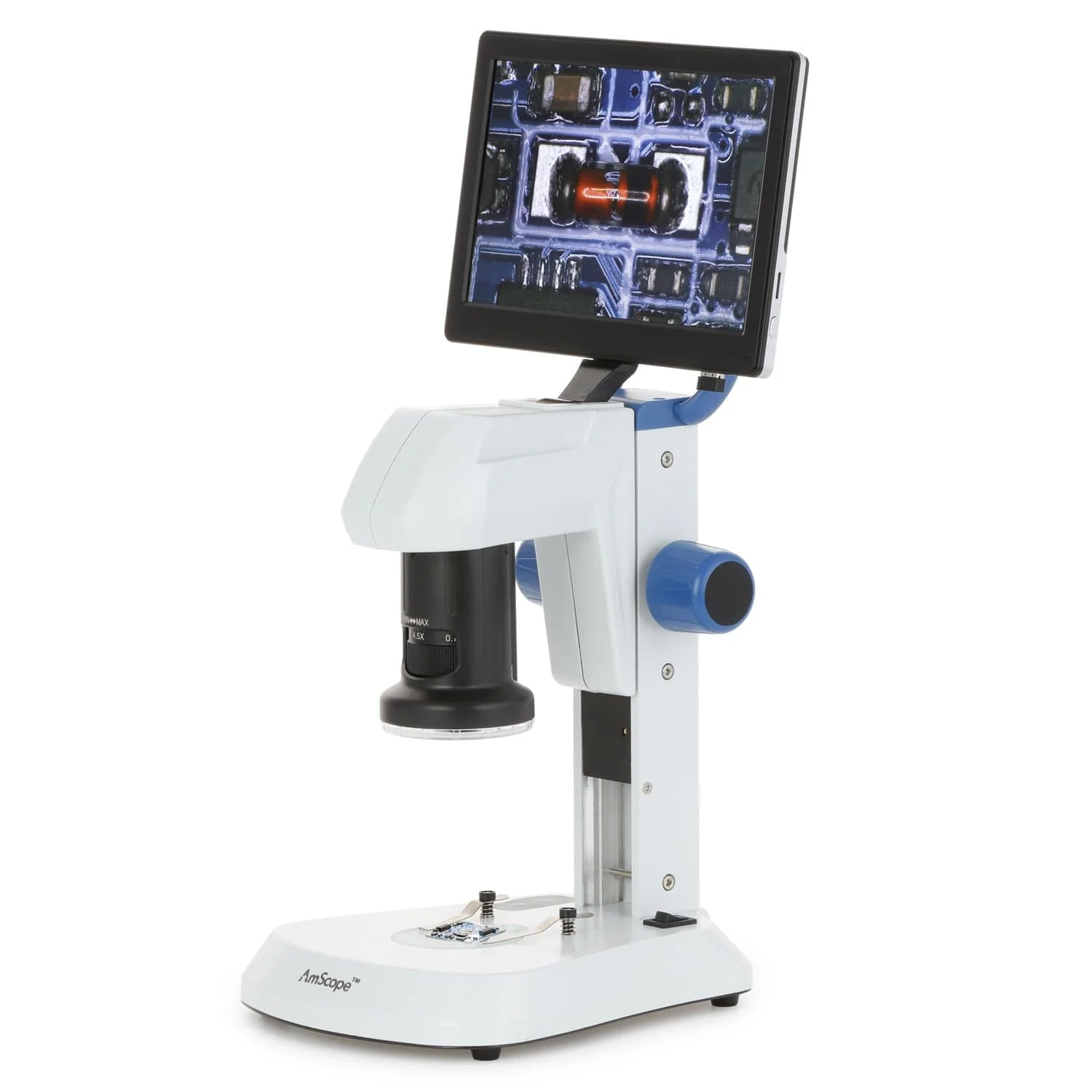 AmScope DM745 Series Digital Microscope for Industrial Inspection with 0.7X-4.5X Magnification Zoom on Track Stand with 9" Screen
