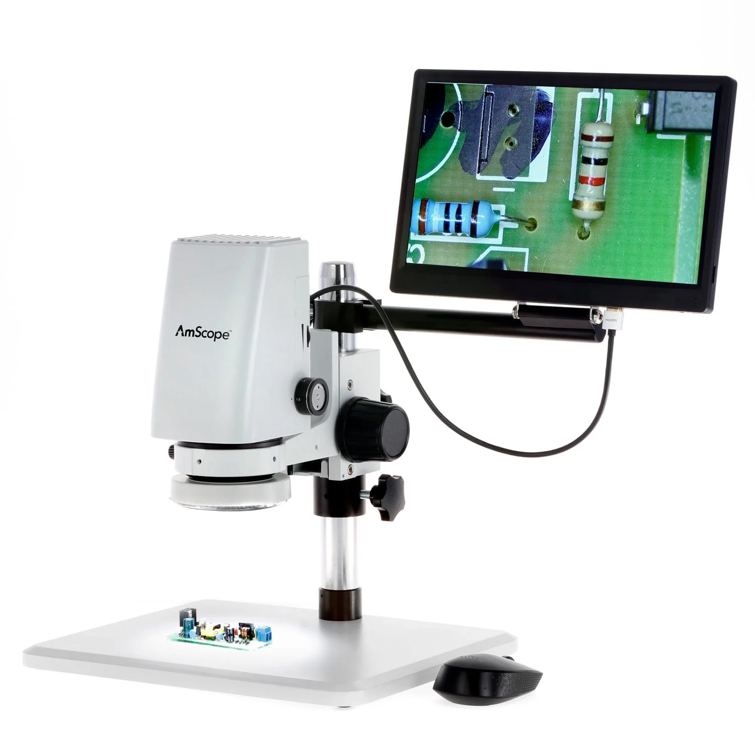 AmScope DM750 Series Zoom Tabletop Video Inspection Digital Microscope System 0.7X-5X Magnification on Pillar Stand with 11.6" Monitor