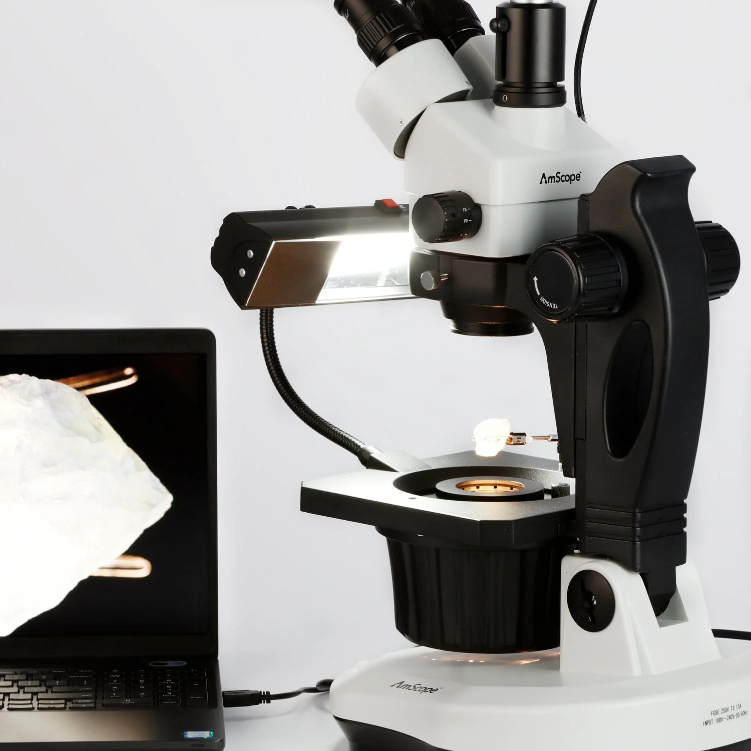 AmScope GM400 Series Advanced Jewel Gem Zoom Trinocular Stereo Microscope 3.5X-90X Magnification on Track Stand - Image 8