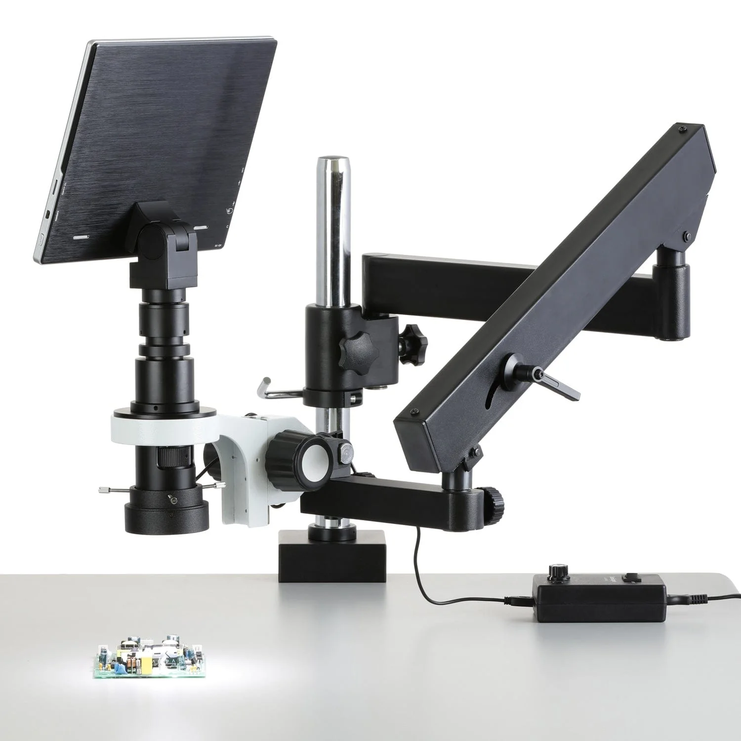 AmScope H800 Series Zoom Digital Inspection Monocular Stereo Microscope 0.7X-5X Magnification on Articulating Arm with Pillar, LED Ring Light and 9.7" Touchscreen Imaging System - Image 2