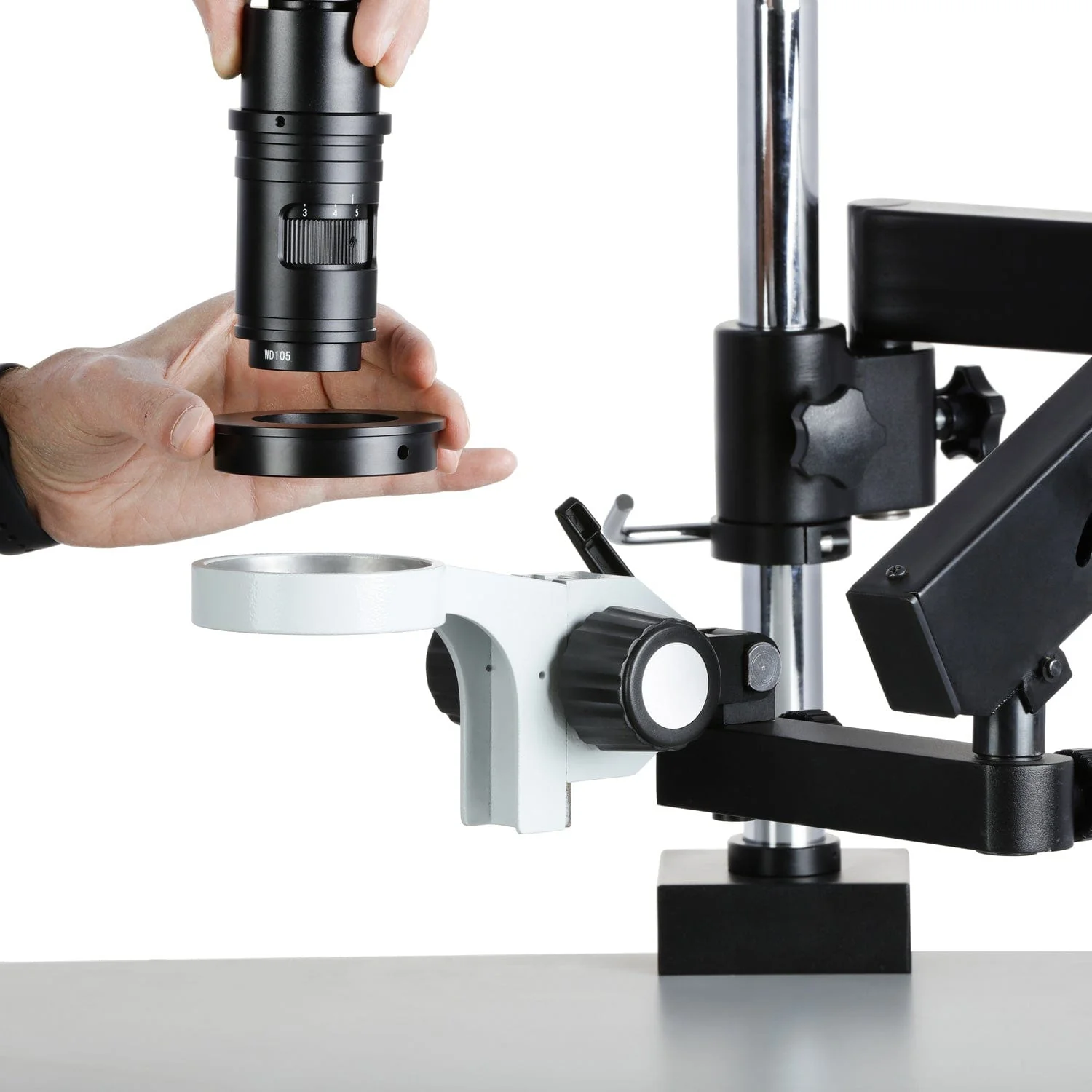 AmScope H800 Series Zoom Digital Inspection Monocular Stereo Microscope 0.7X-5X Magnification on Articulating Arm with Pillar, LED Ring Light and 9.7" Touchscreen Imaging System - Image 3