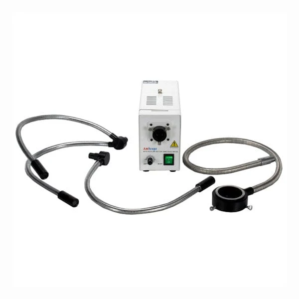 AmScope 150W Fiber Optic Microscope Illuminator with Ring Dual and Single Gooseneck Lights