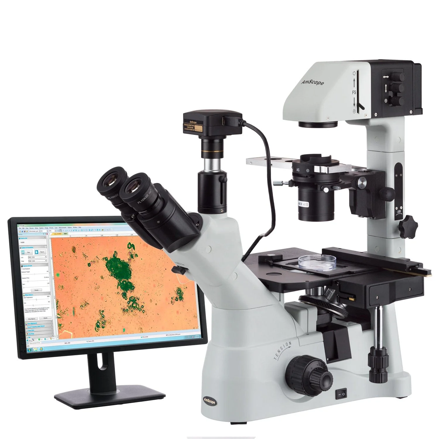 AmScope IN480 Series Inverted Infinity-corrected Phase-contrast Trinocular Compound Microscope 40X-1500X Magnification with Koehler Illumination and 14MP USB 3.0 Camera