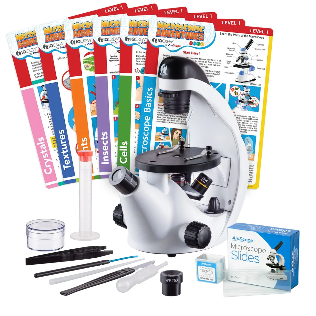 IQCrew by AmScope IN50 Science Discovery Series Inverted Compound Microscope 40X-500X Magnification with Blank Slides & Coverslips and Experiment Cards for Students and Kids