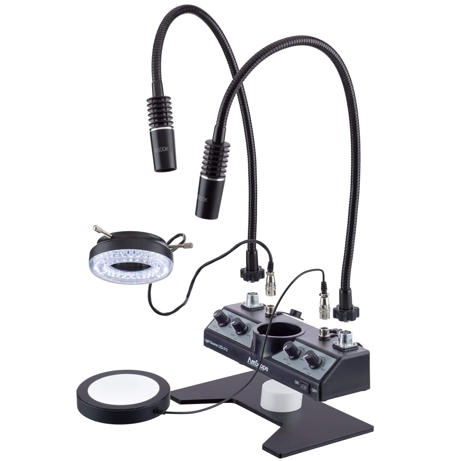 AmScope LED Illuminator Set with Stage-plate, Ring Light, two Gooseneck Lamps + Base Plate in Black Finish - Image 2