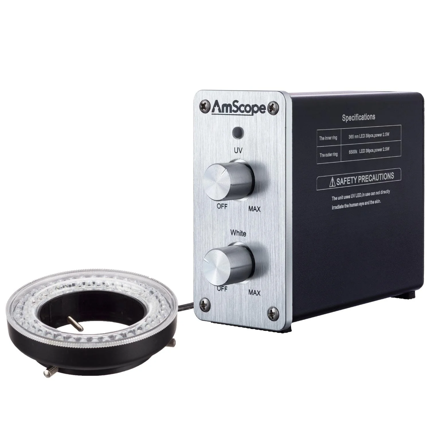 AmScope Dual Channel White Ultraviolet LED Ring Light Illuminator