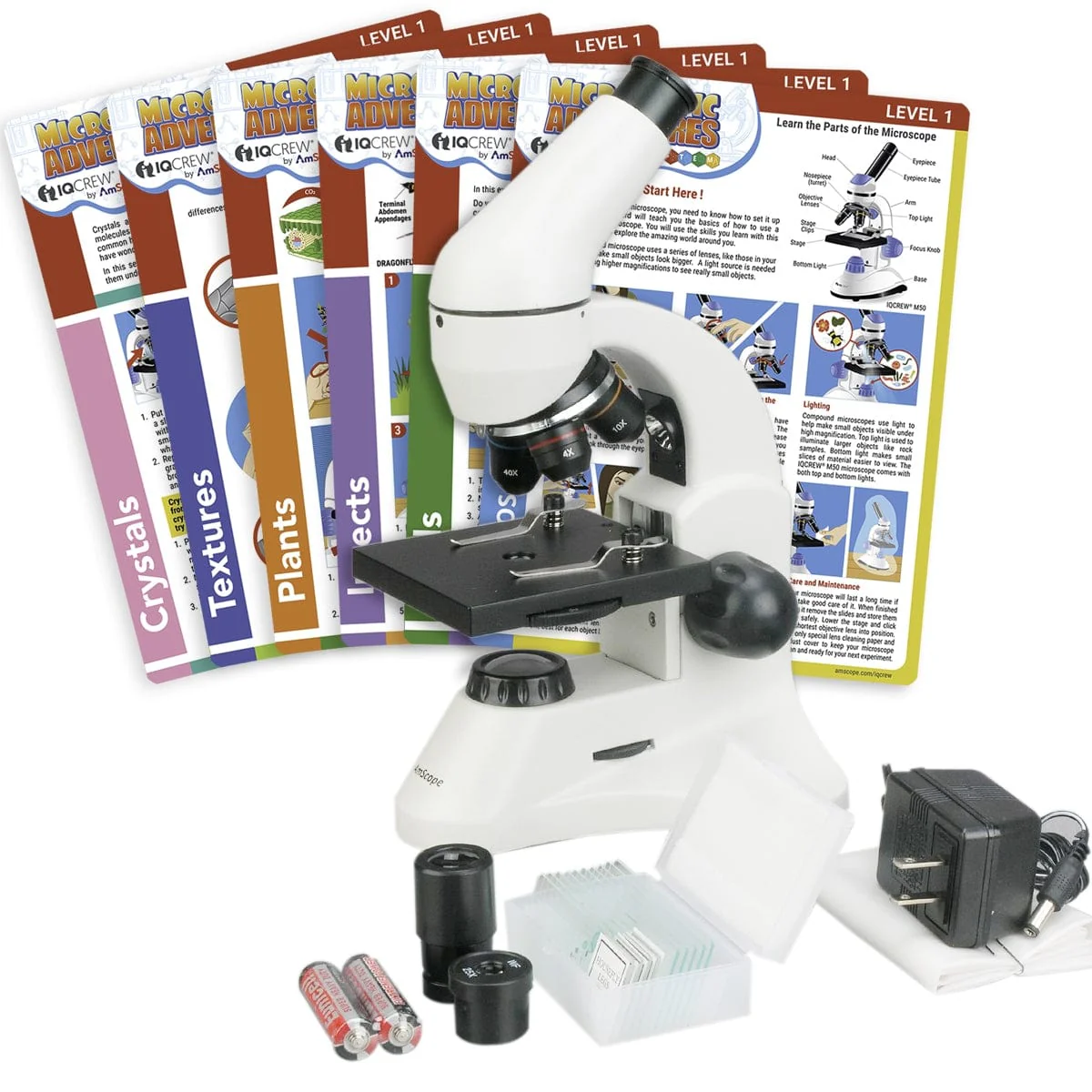 Amscope M120C-2L-PB10-EXCL1 Monocular Compound Microscope for Kids – 40X–1000X Top & Bottom LED Illumination STEM Education Microscopes, Student Lab Microscopes, Biological Science Microscopes