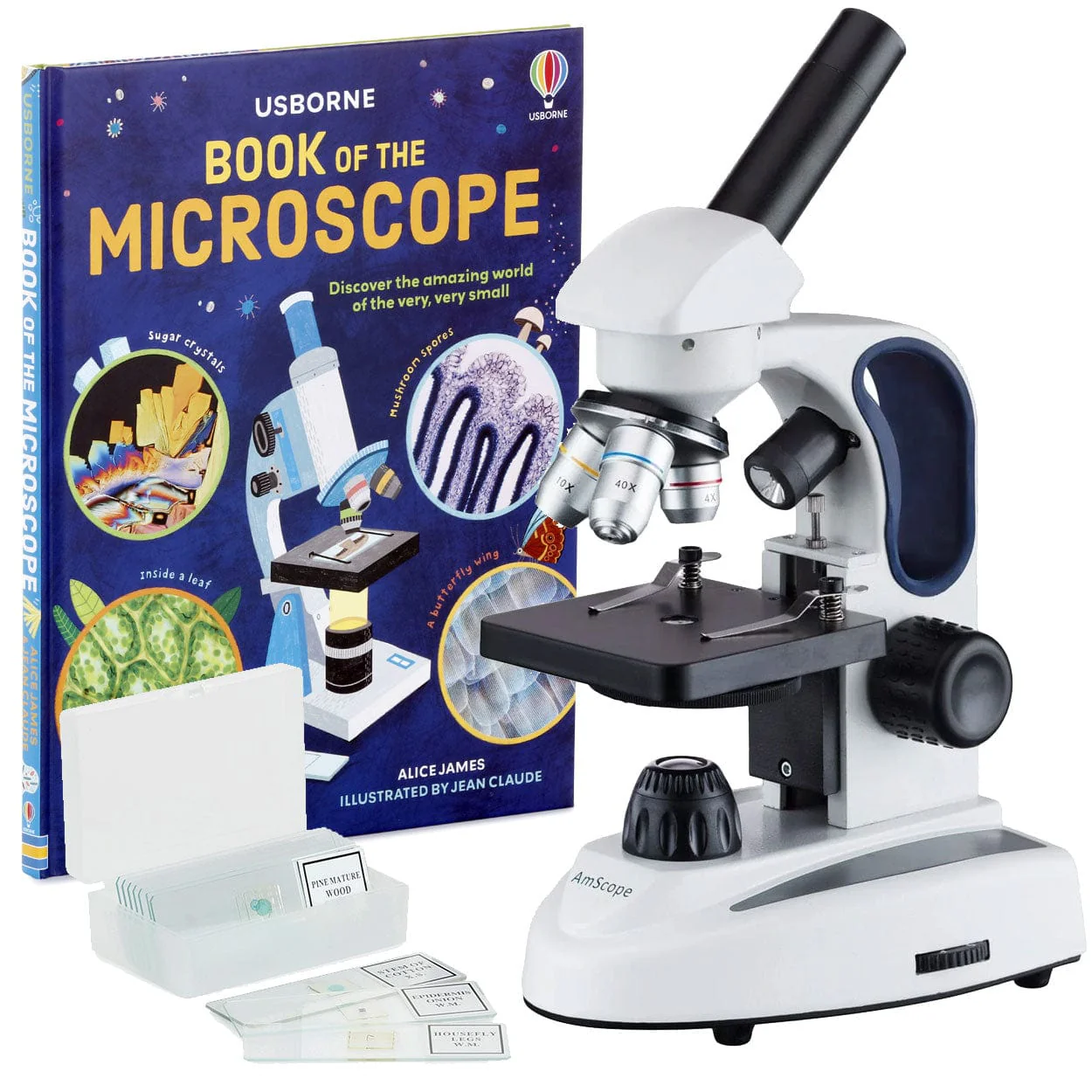 Amscope M149C-2L-PB10-WM Monocular Compound Microscope for Kids – 40X–1000X Top & Bottom LED Illumination STEM Education Microscopes, Student Lab Microscopes, Biological Science Microscopes
