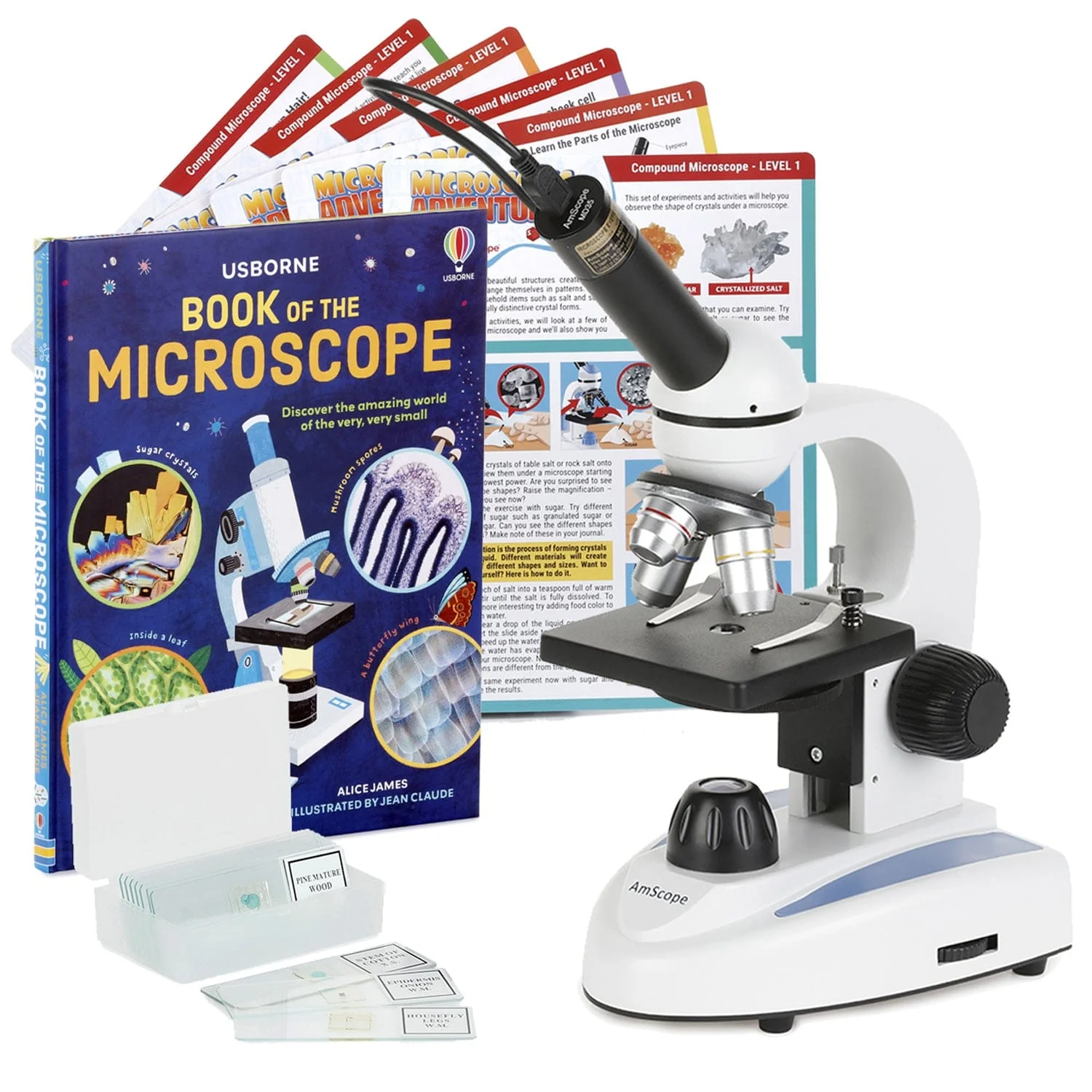 Amscope M149C-PB10-WM-EXCL1-E Monocular Compound Microscope for Kids – 40X–1000X LED Illumination STEM Education Microscopes, Student Lab Microscopes, Biological Science Microscopes
