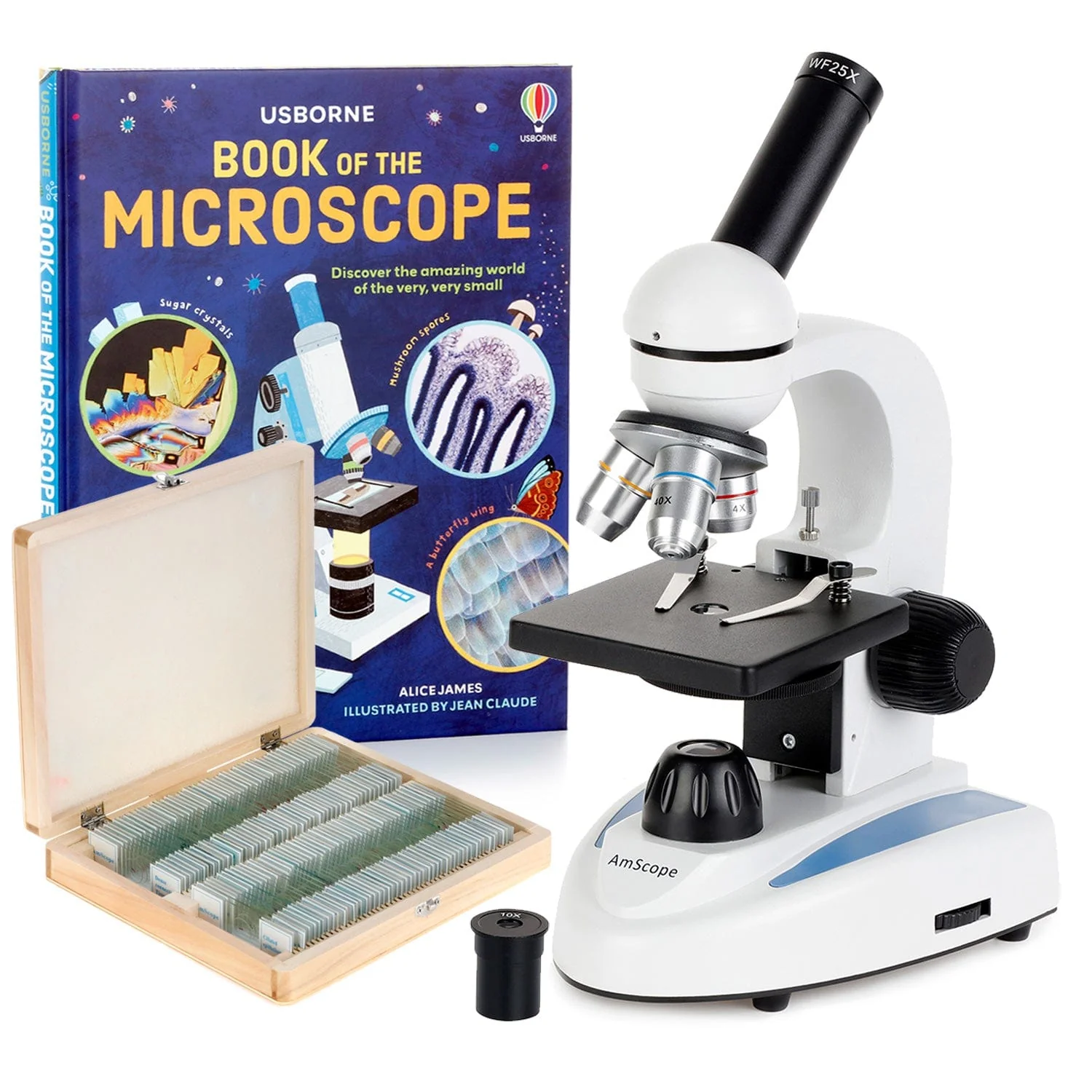 AmScope M149 Series Student Kids Metal Frame Glass Optics Biological Moncluar Compound Microscope 40X-1000X Magnification with 100 Specimen Slides and Book