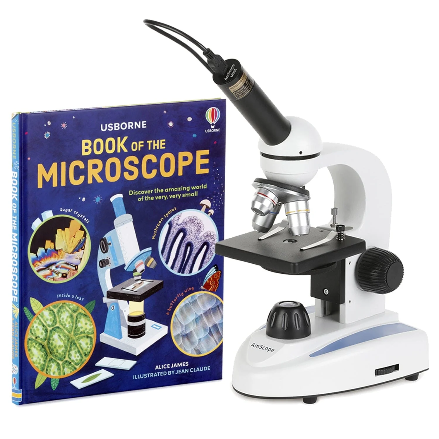 AmScope M149 Series Student Kids Metal Frame Glass Optics Biological Moncluar Compound Microscope 40X-1000X Magnification with USB Camera and Book