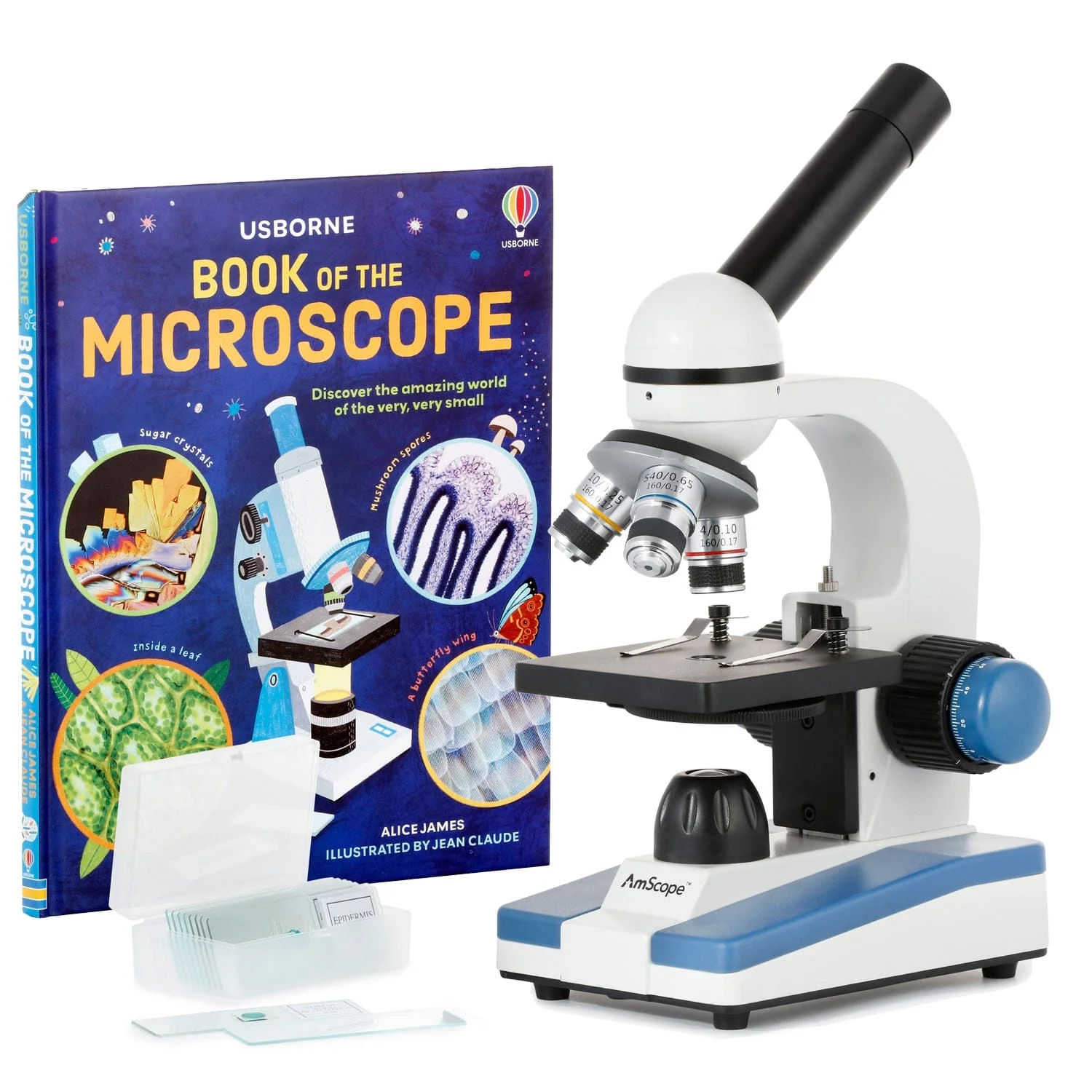 Amscope M150C-PB10-WM Monocular Compound Microscope for Kids – 40X–1000X LED Illumination STEM Education Microscopes, Student Lab Microscopes, Biological Science Microscopes