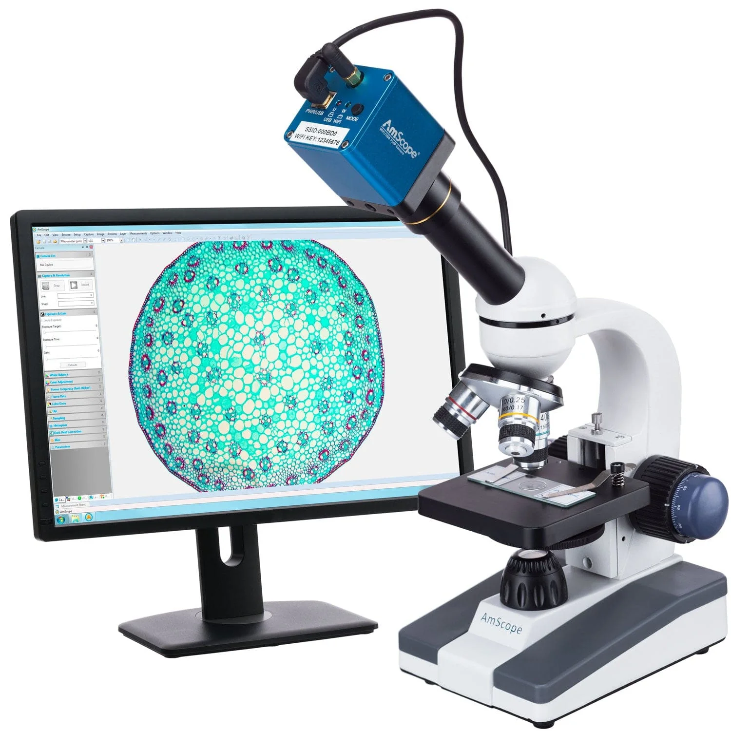 AmScope M150 Series Portable Student Monocular Compound Microscope 40X-1000X Magnification with LED, USB/Wi-fi Camera and 10pc Slide Kit - Image 5