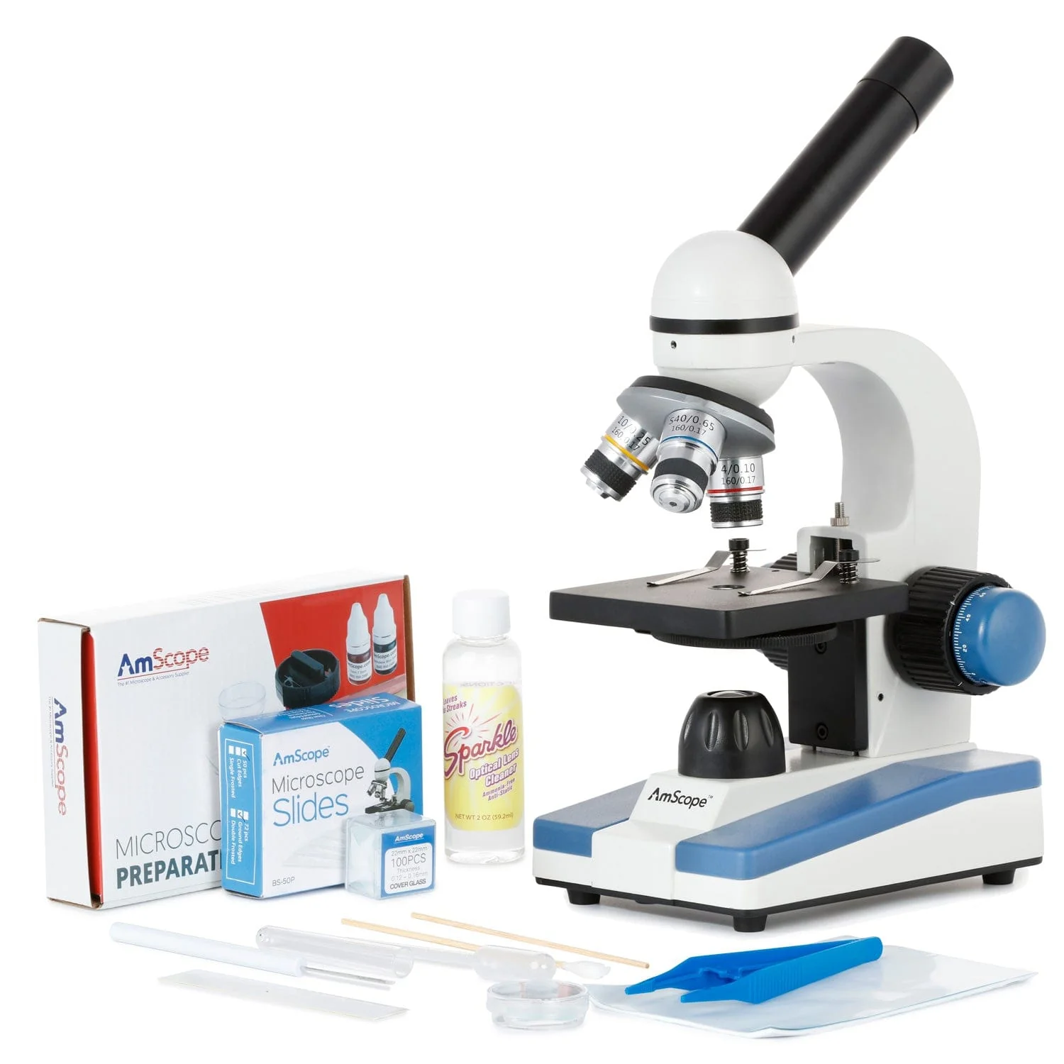 Amscope M150C-SP14-CLS-50P100S Monocular Compound Microscope for Kids – 40X–1000X LED Illumination STEM Education Microscopes, Student Lab Microscopes, Biological Science Microscopes