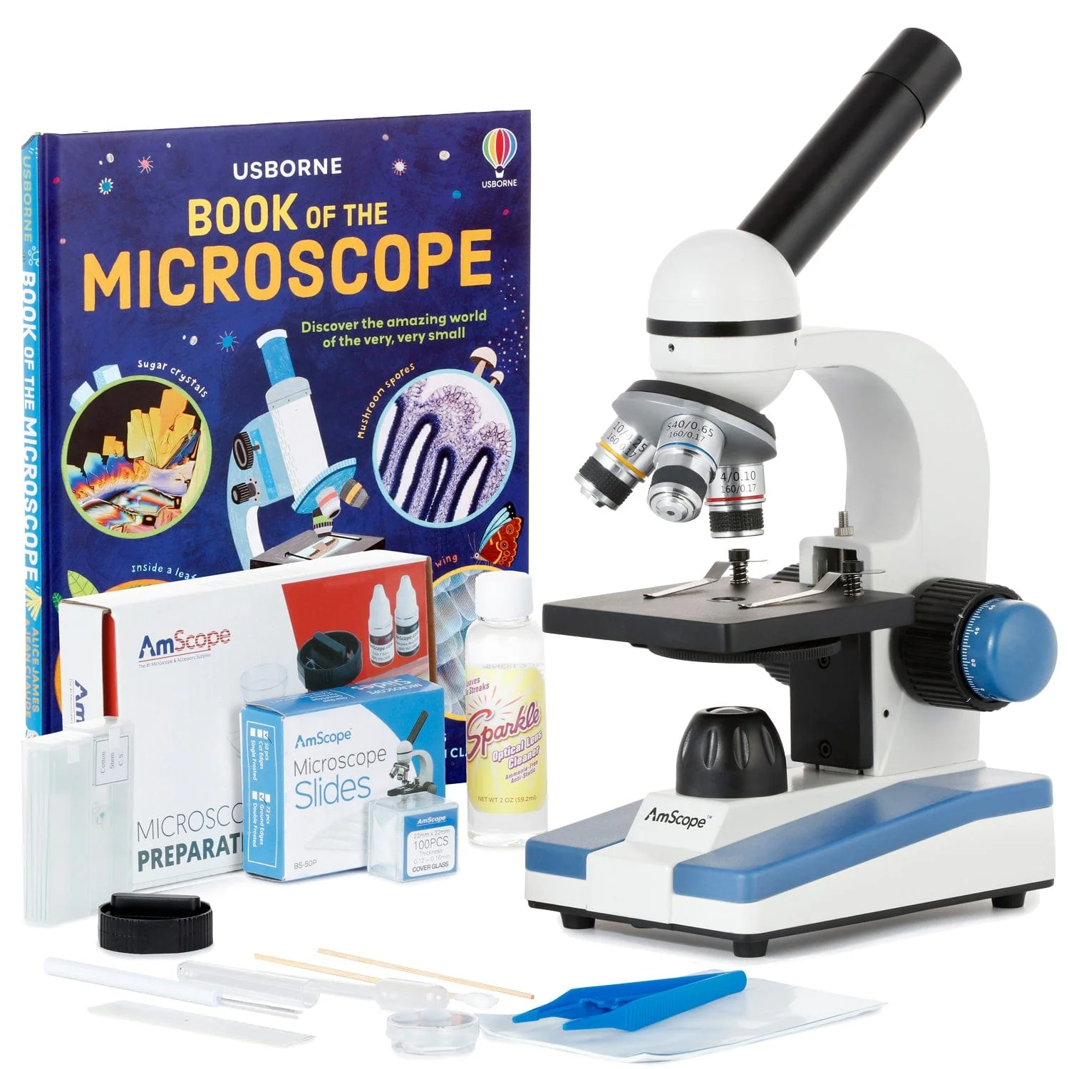 Amscope M150C-SP14-CLS-50P100S-WM Monocular Compound Microscope for Kids – 40X–1000X LED Illumination STEM Education Microscopes, Student Lab Microscopes, Biological Science Microscopes