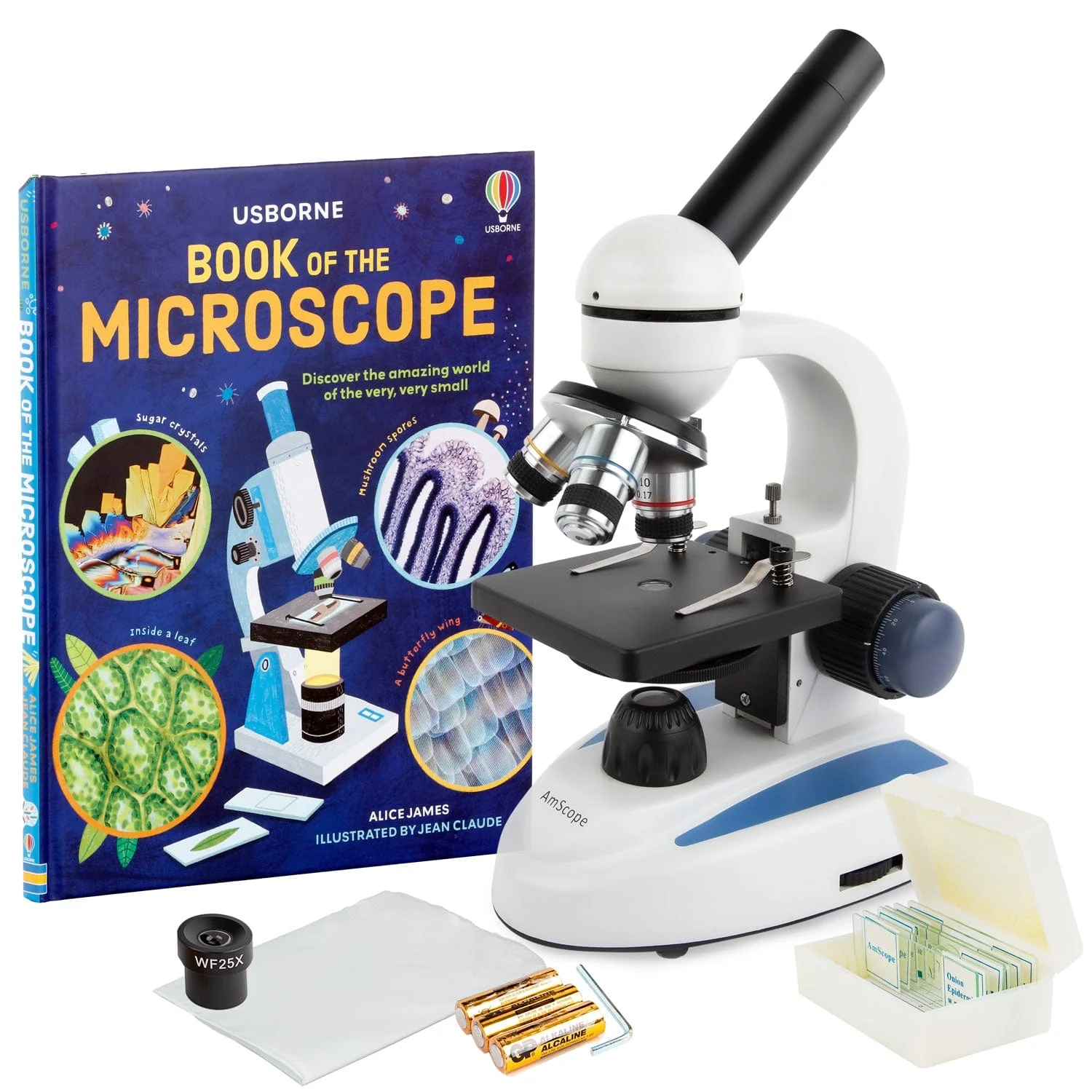 Amscope M158-PB10-WM Monocular Compound Microscope for Kids – 40X–1000X LED Illumination STEM Education Microscopes, Student Lab Microscopes, Biological Science Microscopes