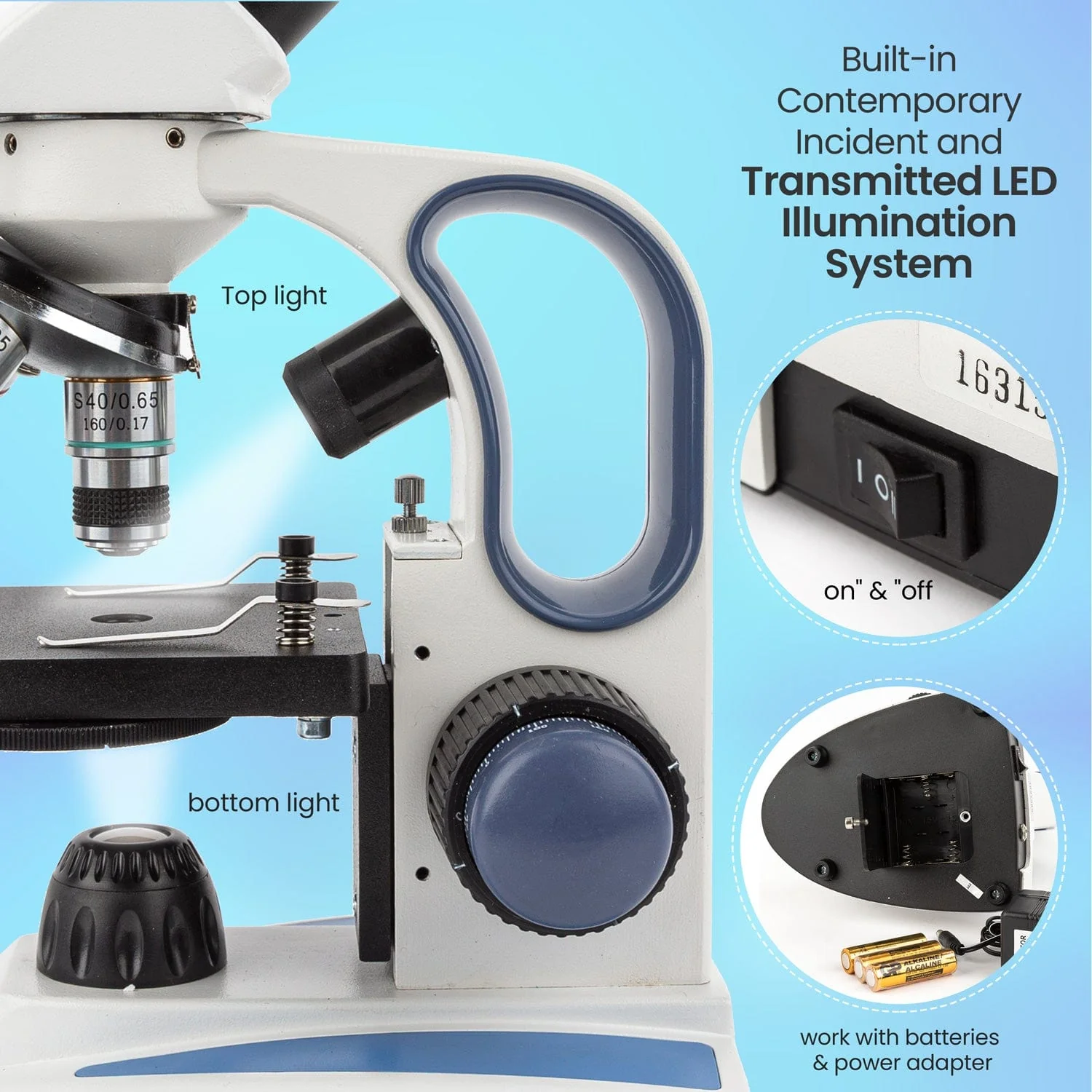 Amscope M158C-2L Monocular Compound Microscope for Kids – 40X–1000X Top & Bottom LED Illumination STEM Education Microscopes, Student Lab Microscopes, Biological Science Microscopes - Image 6