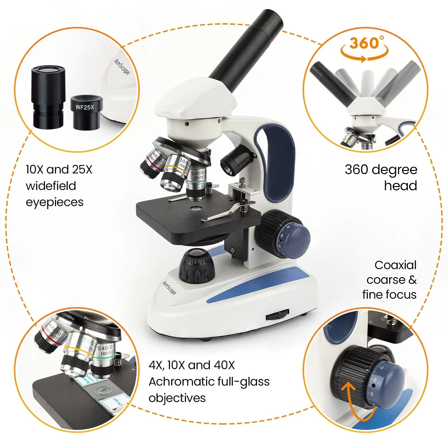 Amscope M158C-2L-PB10-WM Monocular Compound Microscope for Kids – 40X–1000X Top & Bottom LED Illumination STEM Education Microscopes, Student Lab Microscopes, Biological Science Microscopes - Image 3