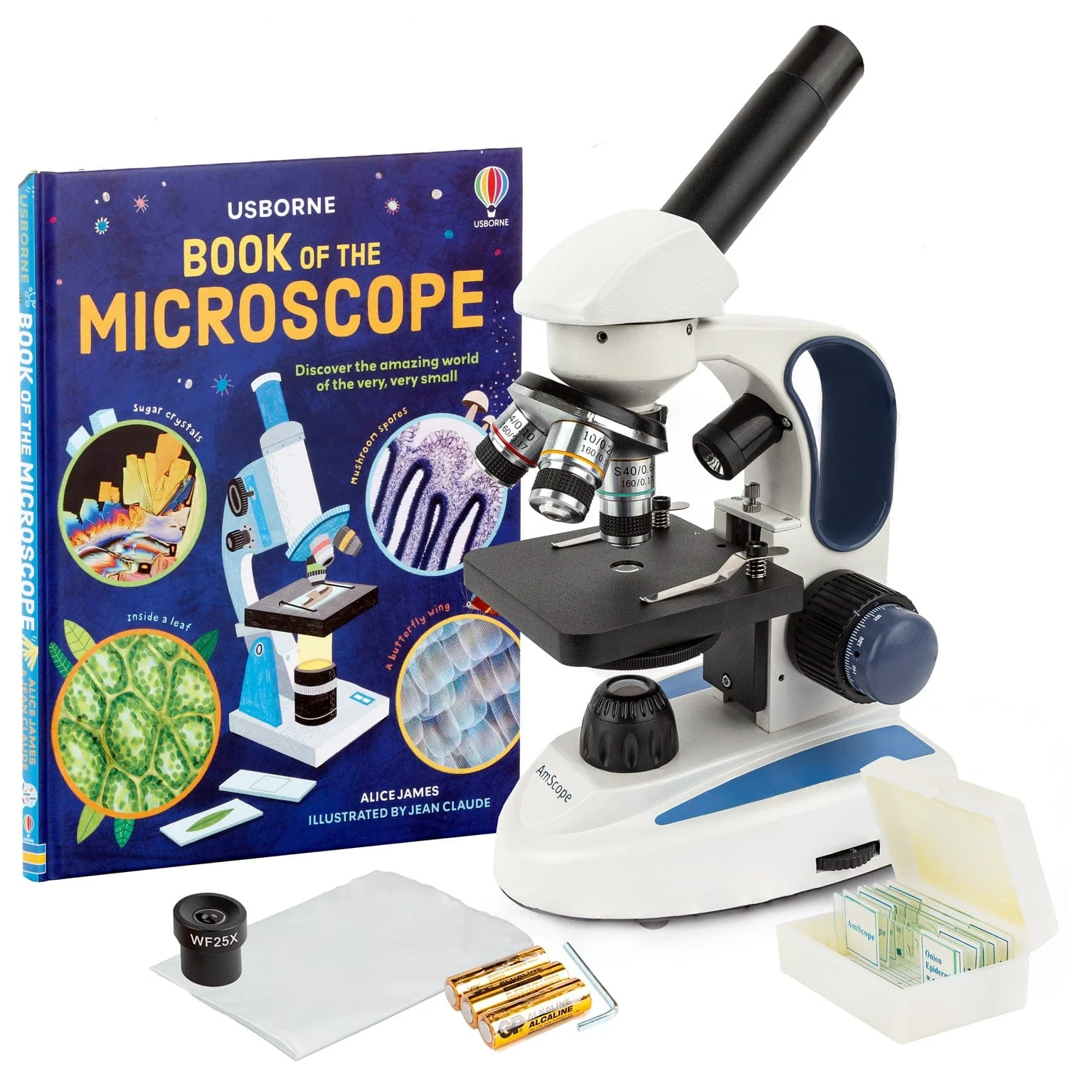 Amscope M158C-2L-PB10-WM Monocular Compound Microscope for Kids – 40X–1000X Top & Bottom LED Illumination STEM Education Microscopes, Student Lab Microscopes, Biological Science Microscopes