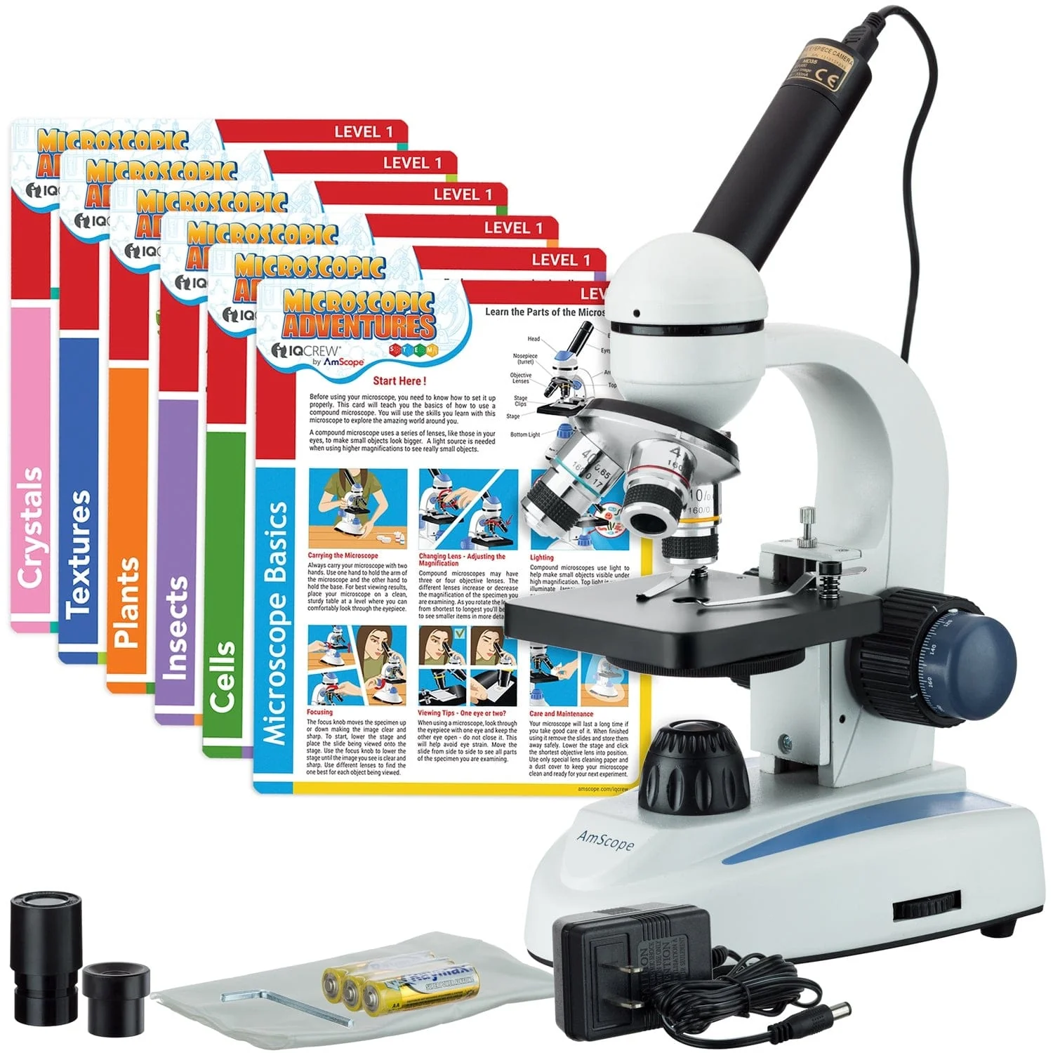 Amscope M158C-EXCL1-E Monocular Compound Microscope for Kids – 40X–1000X LED Illumination STEM Education Microscopes, Student Lab Microscopes, Biological Science Microscopes
