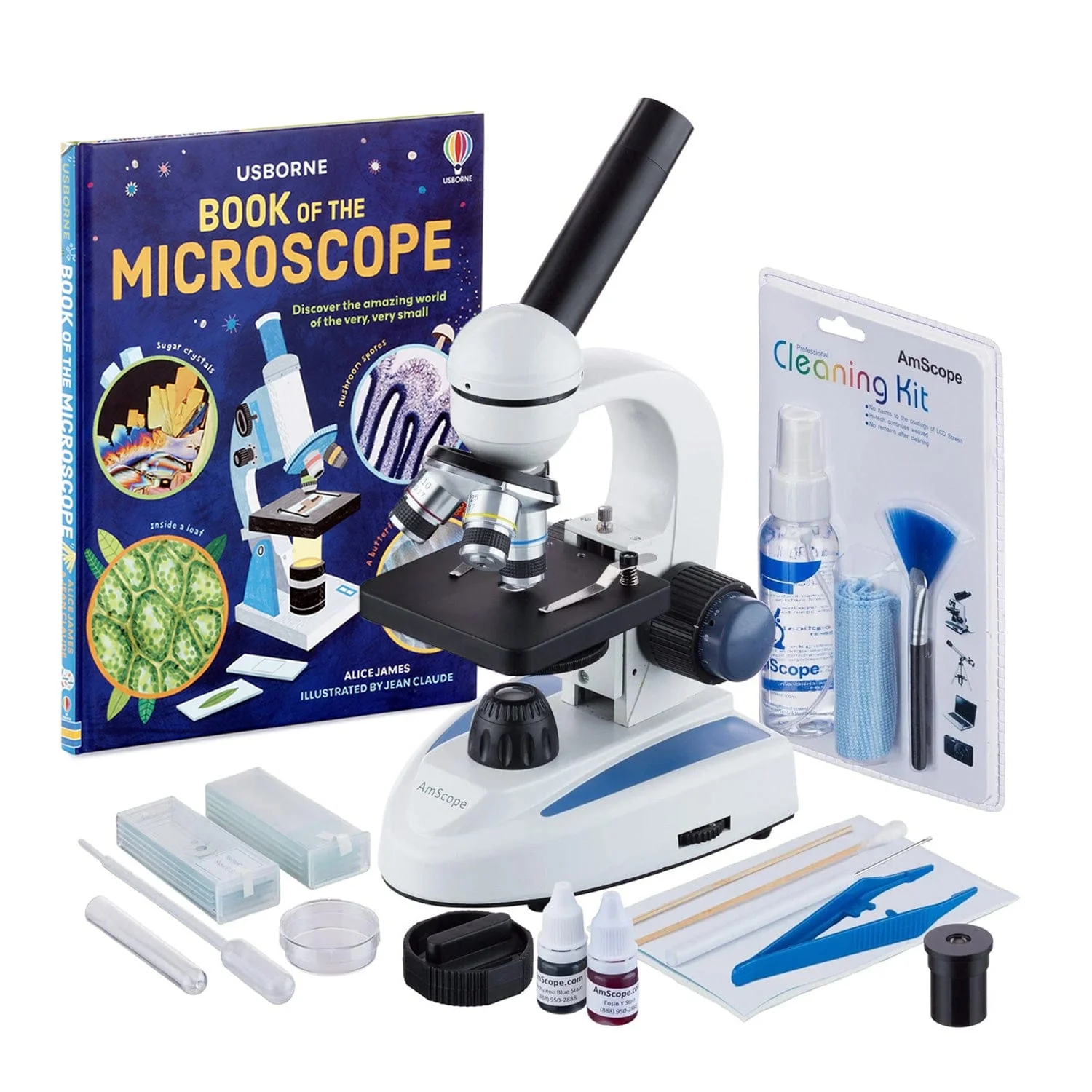 AmScope M158 Series Student Cordless Monocular Compound Microscope 40X-1000X Magnification with Top & Bottom Lights, Slide Preparation, Cleaning Kit and Book