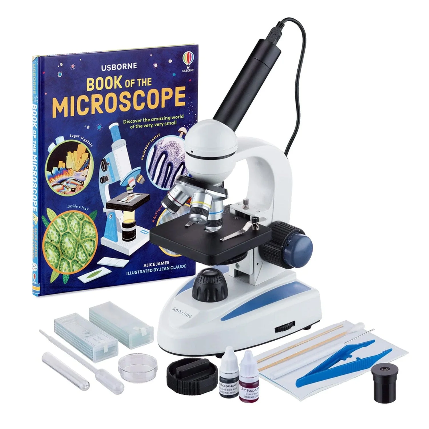 Amscope M158C-SP14-WM-E Monocular Compound Microscope for Kids – 40X–1000X LED Illumination STEM Education Microscopes, Student Lab Microscopes, Biological Science Microscopes