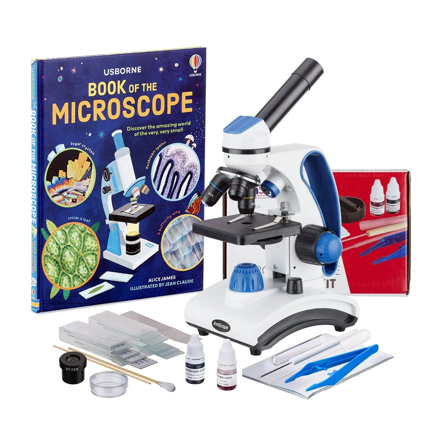 Amscope M162C-2L-WM-SP14 Monocular Compound Microscope for Kids – 40X–1000X Top & Bottom LED Illumination STEM Education Microscopes, Student Lab Microscopes, Biological Science Microscopes