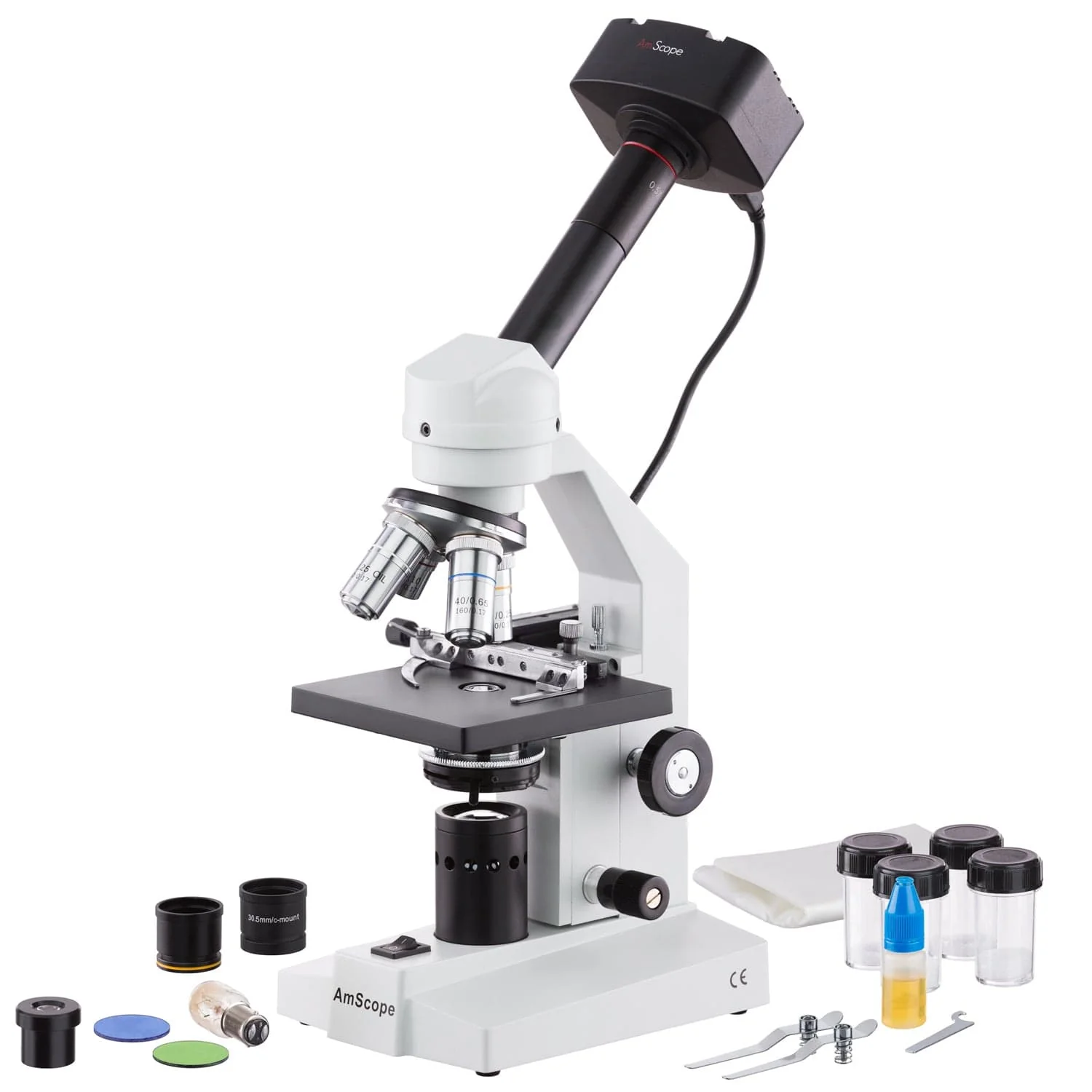 AmScope M500 Series Student Biological Monocular Compound Microscope 40X-2000X Magnification with Mechanical Stage and 1.3MP USB Camera