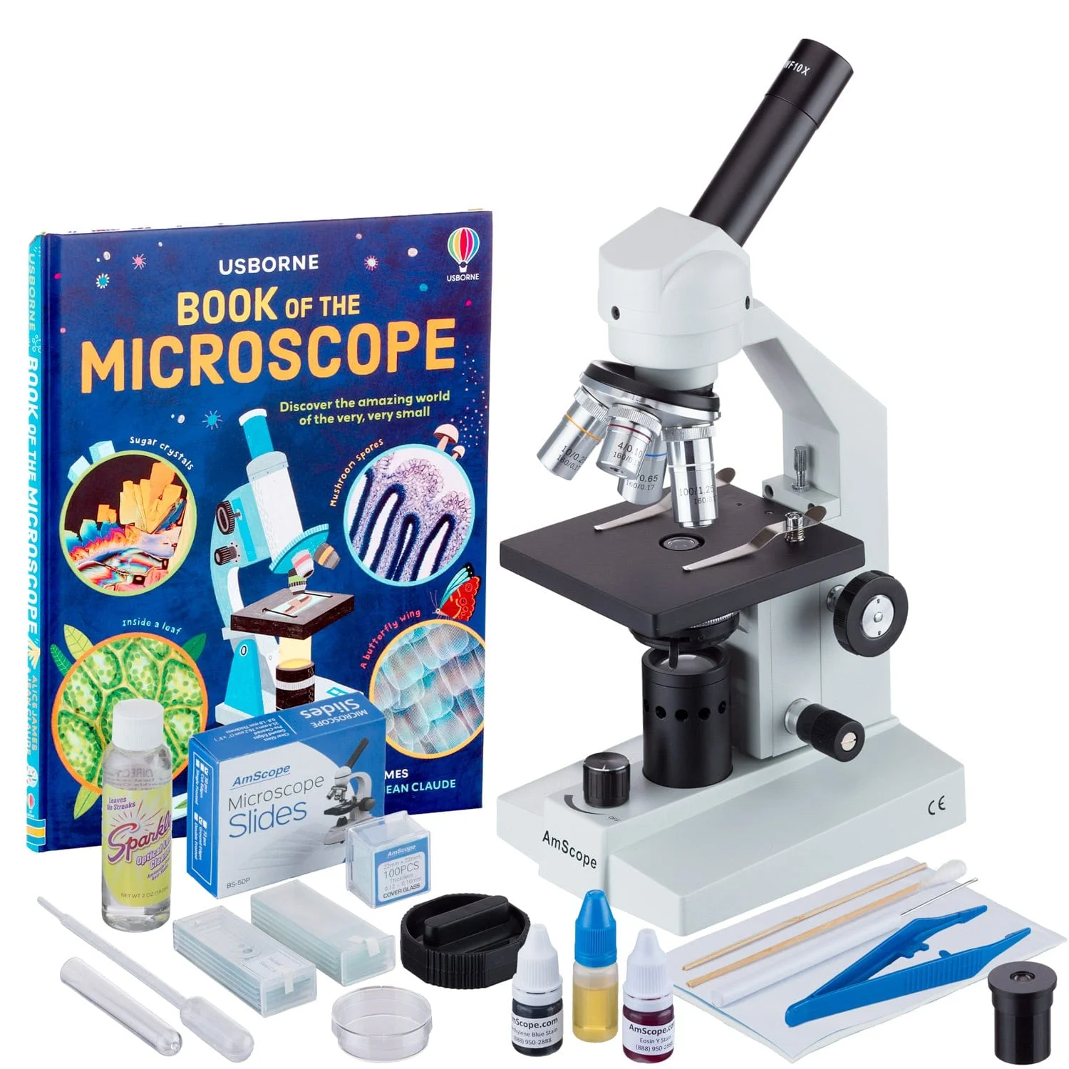 AmScope M500 Series Biological Student Cordless Monocular Compound Microscope 40X-2500X Magnification with LED, Special Slide Preparation Kit and Book