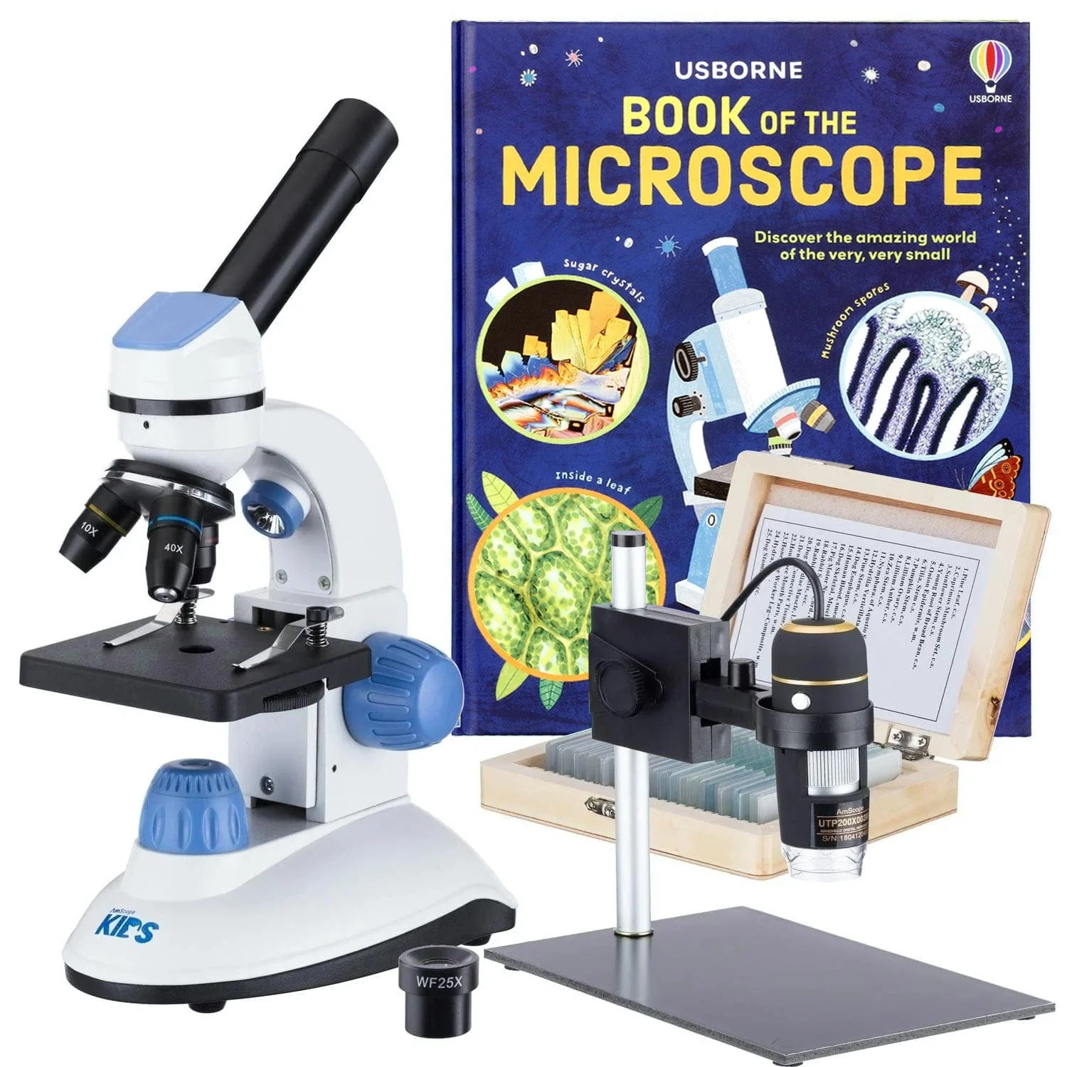 Amscope M50C-UTP03-PS25-WM-B Monocular Compound Microscope for Kids – 40X–1000X LED Illumination STEM Education Microscopes, Student Lab Microscopes, Biological Science Microscopes