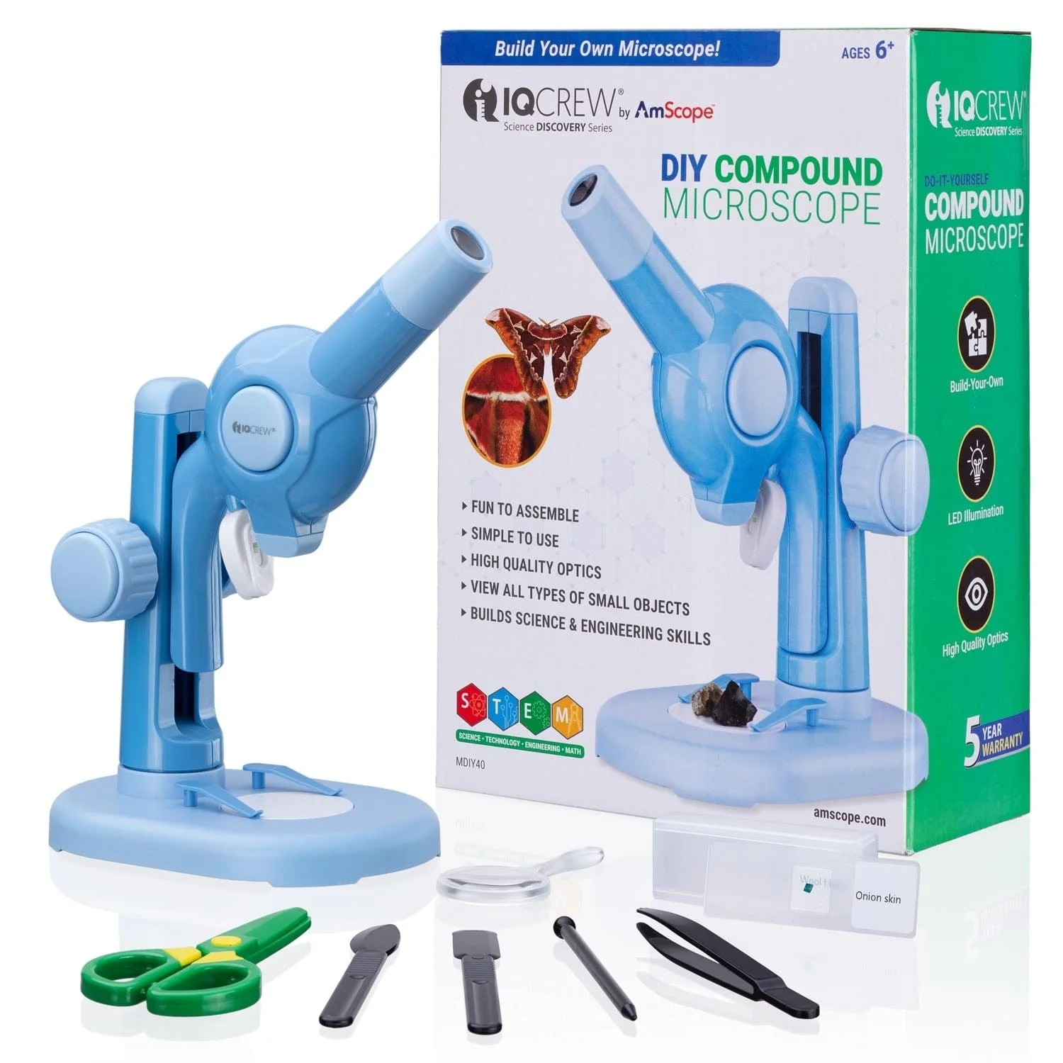 Amscope MDIY40-B Monocular Compound Microscope for Kids – 40X–1000X LED Illumination STEM Education Microscopes, Student Lab Microscopes, Biological Science Microscopes
