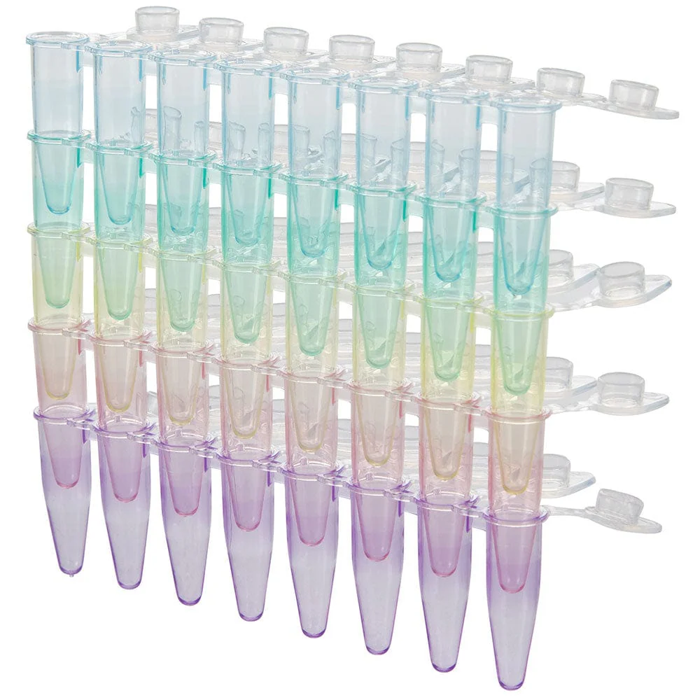 DiamondLink 0.2mL 8-Strip Tubes, with Individually-Attached Flat Caps, Assorted Colors (Blue, Red, Green, Yellow and Violet)