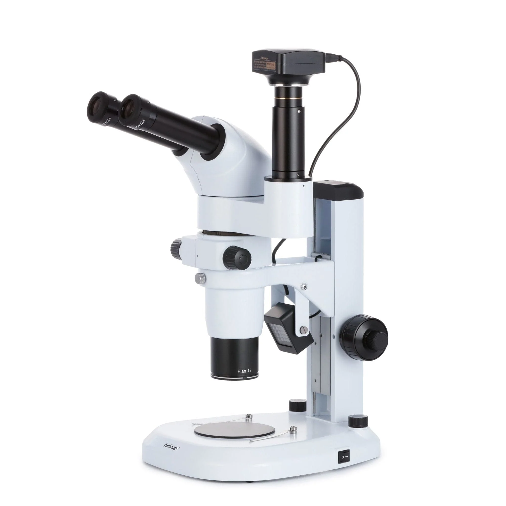 AmScope PM240 Series Zoom Trinocular Stereo Microscope 8X-80X Magnification on Track Stand with Common Main Objective(CMO) and 10MP Camera