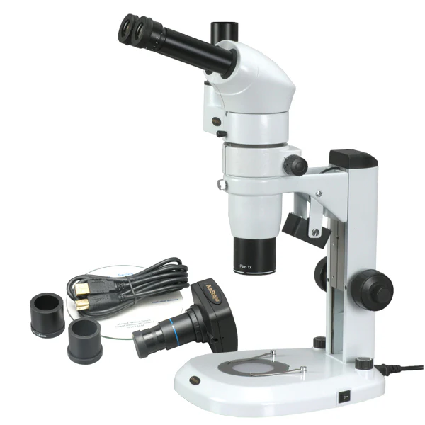 AmScope PM240 Series Zoom Trinocular Stereo Microscope 8X-80X Magnification on Track Stand with Common Main Objective(CMO) and 9MP Camera