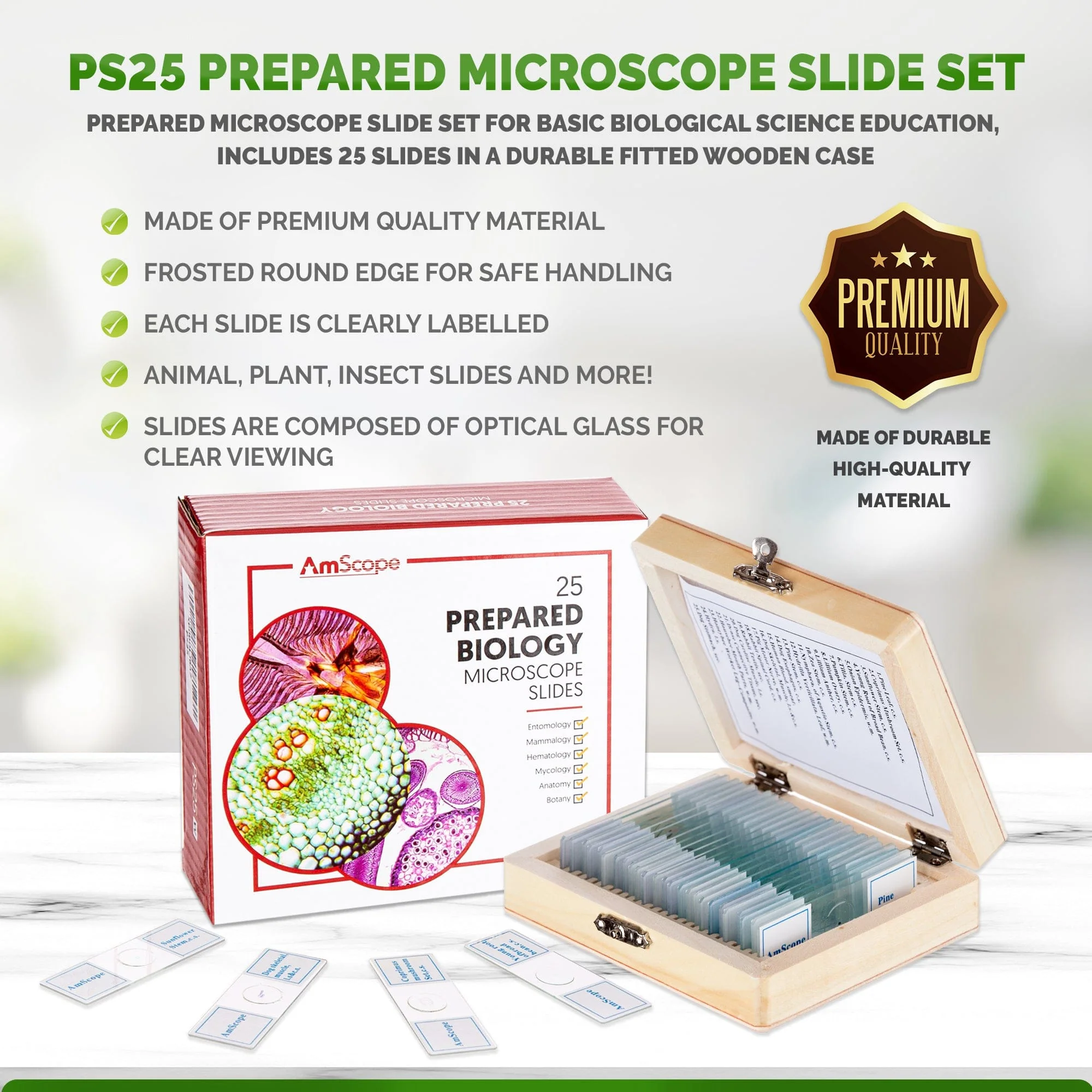 AmScope 25pc Glass Prepared Microscope Slides in Wood Case with Plant, Fungus, Insect and Mammal Specimens - Image 5
