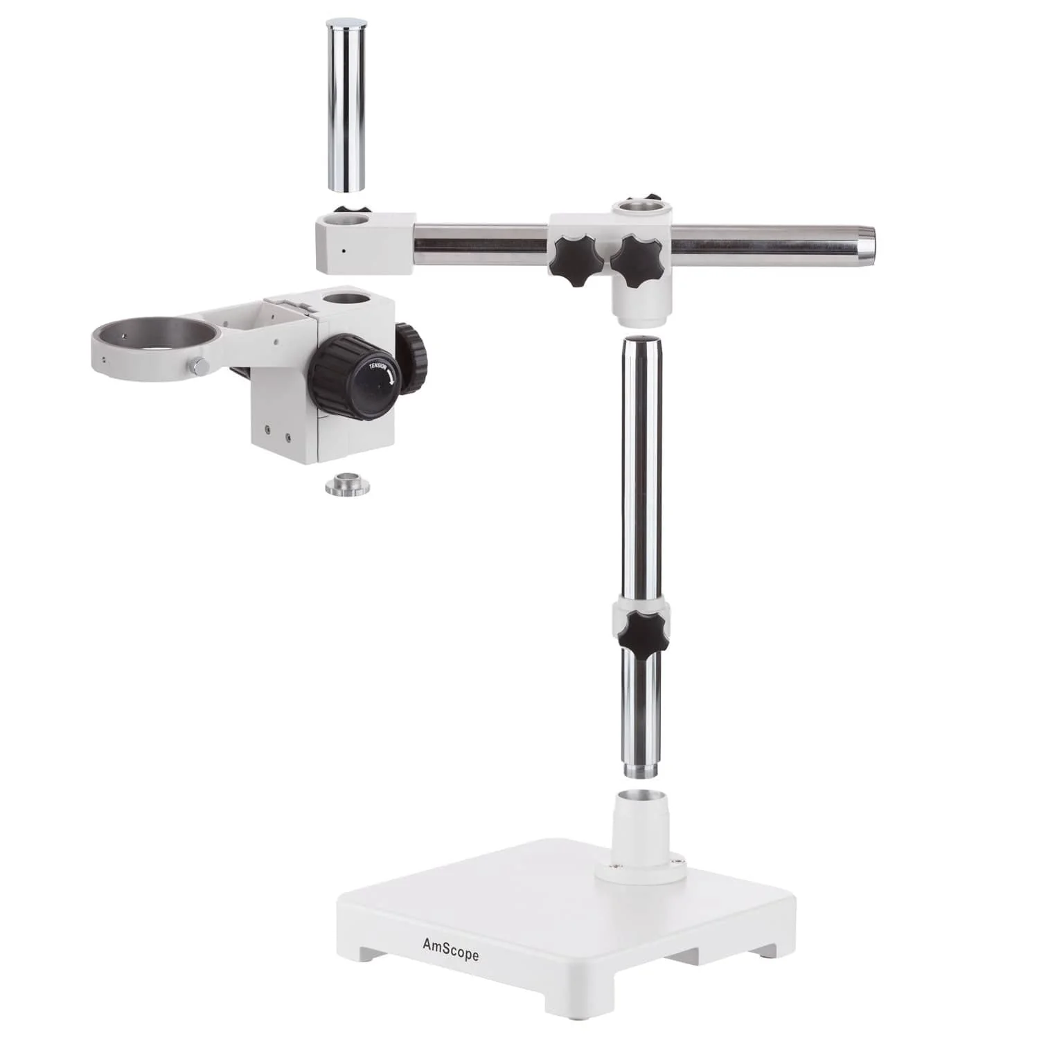 AmScope White Single Arm Boom Stand for Stereo Microscopes - Steel Arm, Tube Mount , 76mm Focus Block - Image 2