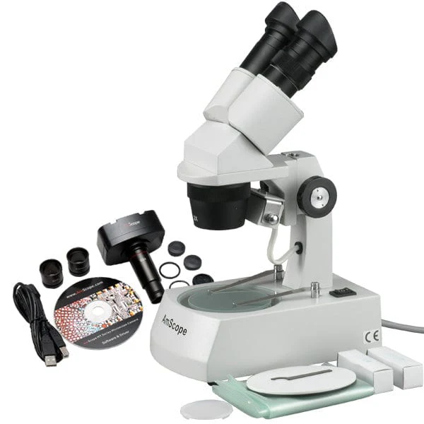 AmScope SE305 Series Binocular Stereo Microscope 10x-20x-30x-60x Magnification on Pillar Stand with 1.3MP USB Camera