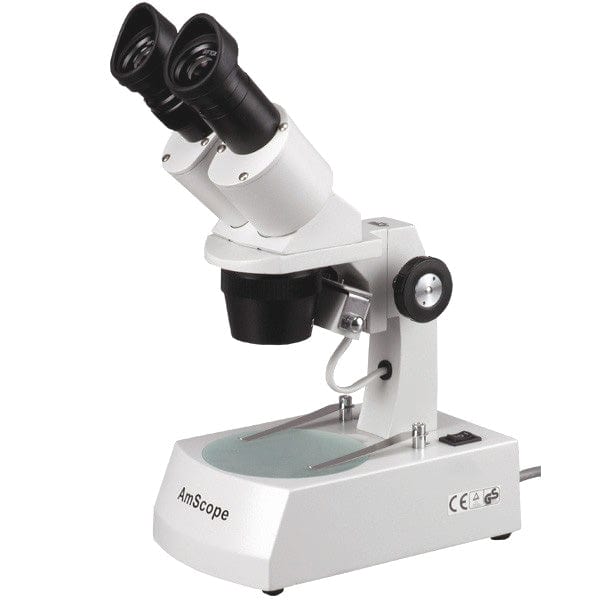 AmScope SE305 Series Compact Multi-Lens Binocular Stereo Microscope 5X-30X Magnification with Angled Head, Metal Track Stand, Top & Bottom Halogen Lighting