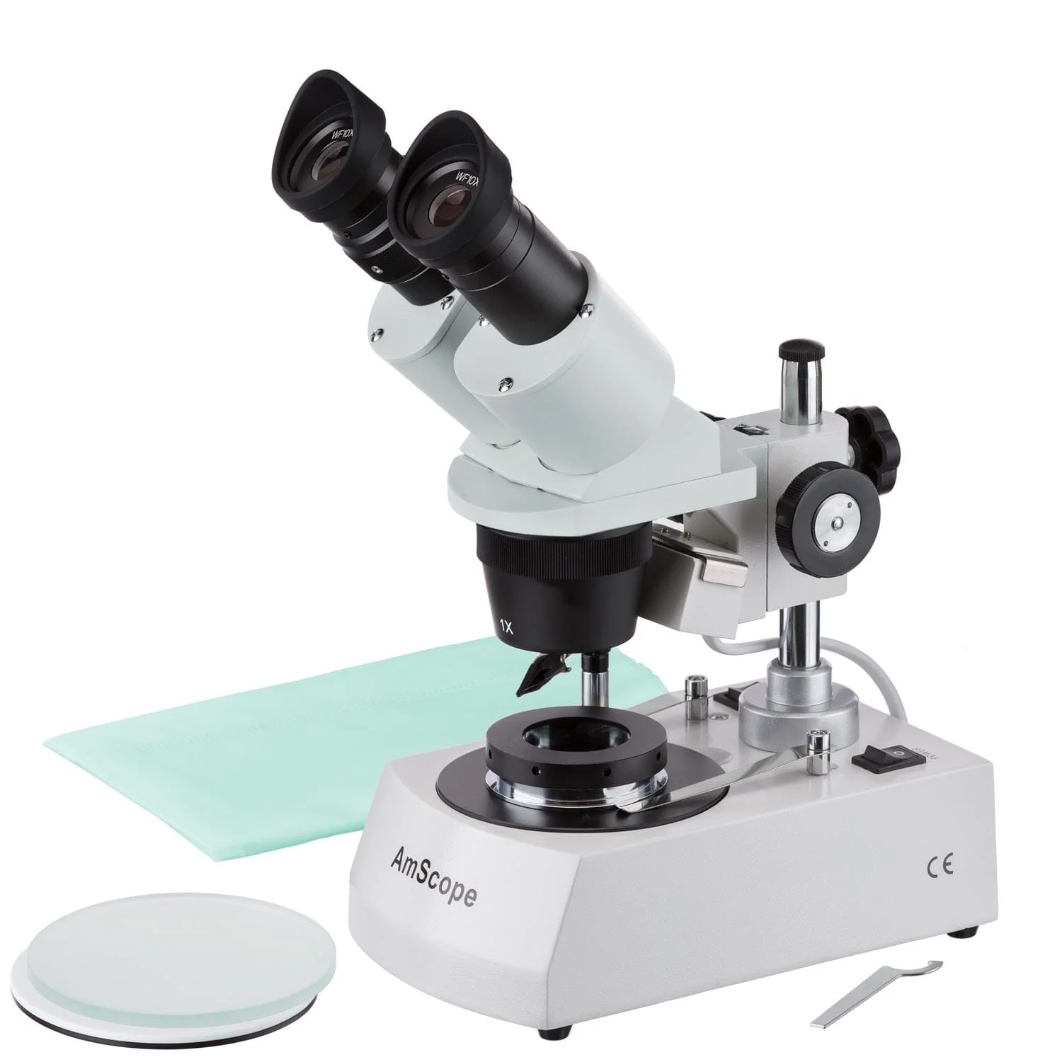 AmScope SE305 Series Compact Jeweler's Binocular Stereo Microscope 10X-30X Magnification with Angled Head, Metal Pillar Stand, Top & Bottom Halogen Lighting and Darkfield Stage Plate