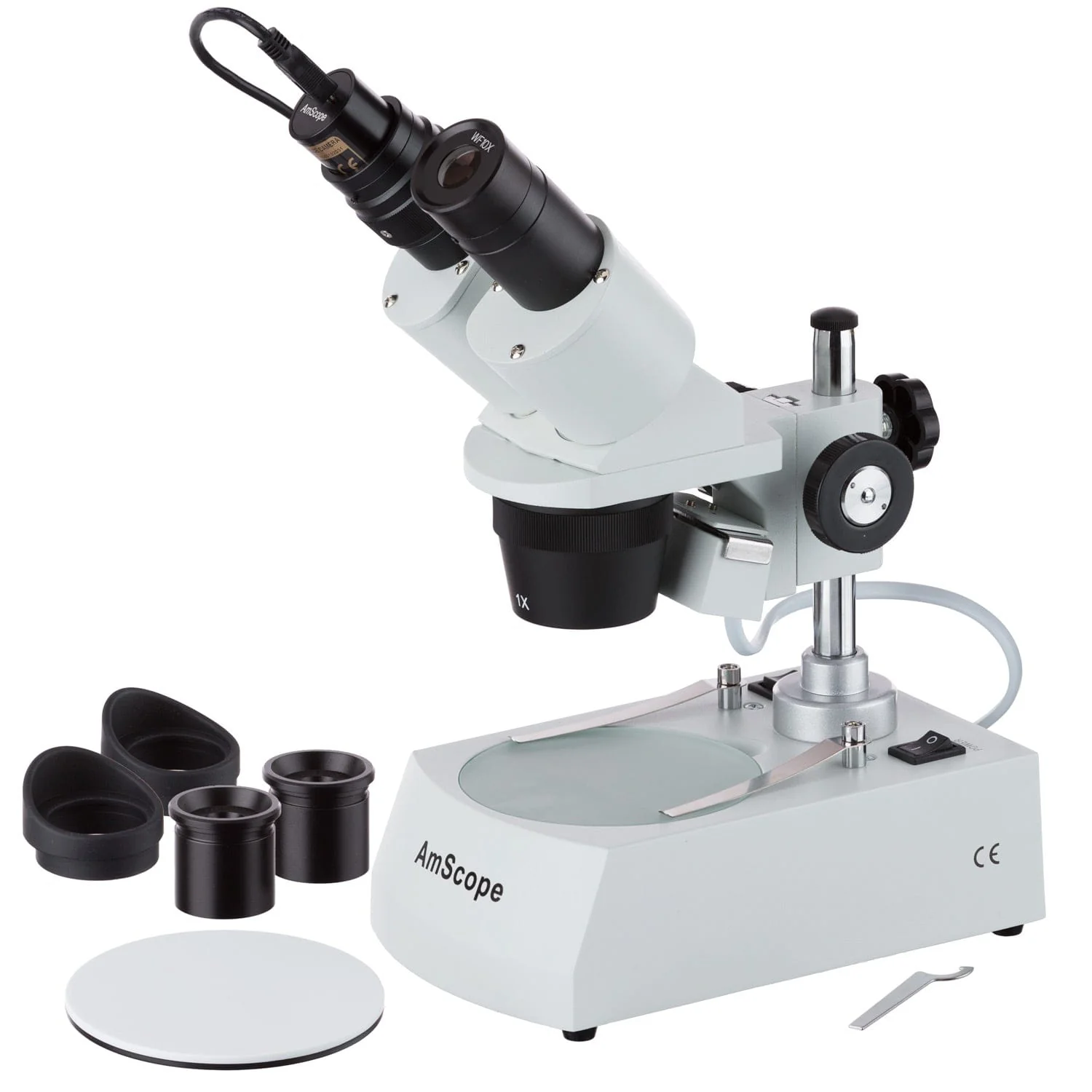 AmScope SE305 Series Compact Multi-Lens Binocular Stereo Microscope 10X-60X Magnification with Angled Head, Metal Pillar Stand, Top & Bottom Halogen Lighting, 2MP Digital Eyepiece Camera
