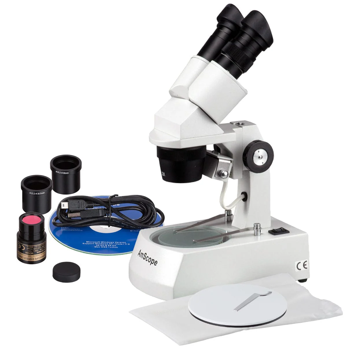 AmScope SE306 Series Compact Multi-Lens Binocular Stereo Microscope 20X-80X Magnification with Reverse Angled Head, Metal Track Stand, Top & Bottom Halogen Lighting, 1MP Digital Eyepiece Camera