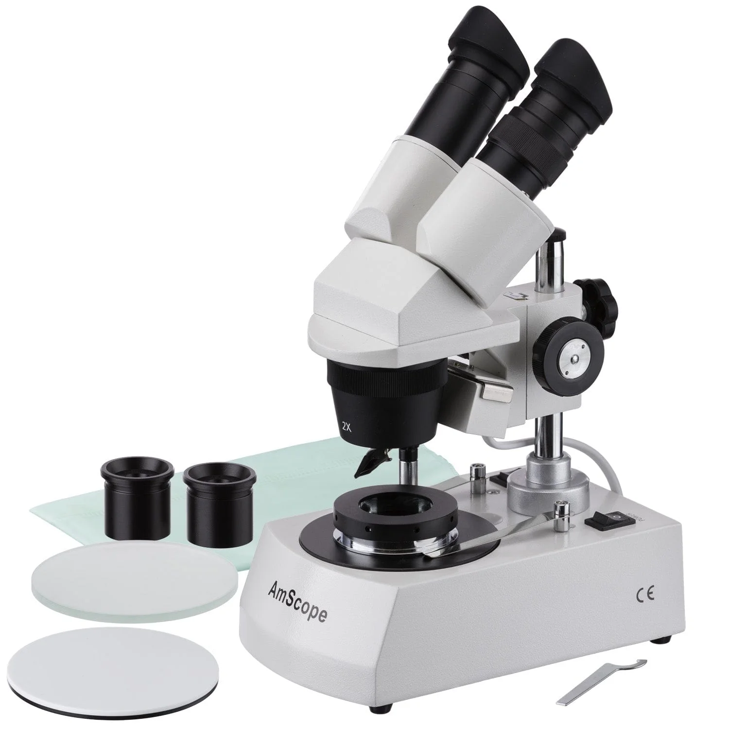 AmScope SE306 Series Compact Jeweler's Binocular Stereo Microscope 10X-40X Magnification with Reverse Angled Head, Metal Pillar Stand, Top & Bottom Halogen Lighting