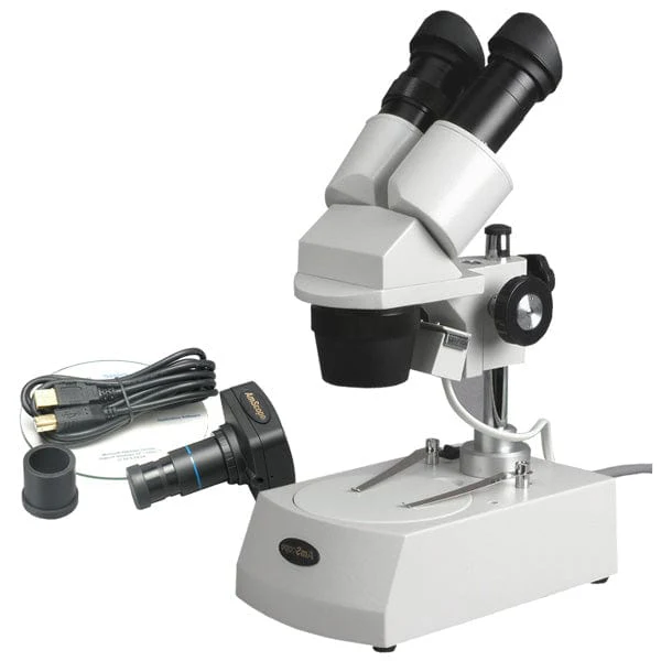 AmScope SE306 Series Compact Multi-Lens Binocular Stereo Microscope 20X-80X Magnification with Reverse Angled Head, Metal Pillar Stand, Top & Bottom Halogen Lighting, 1.3MP USB Camera